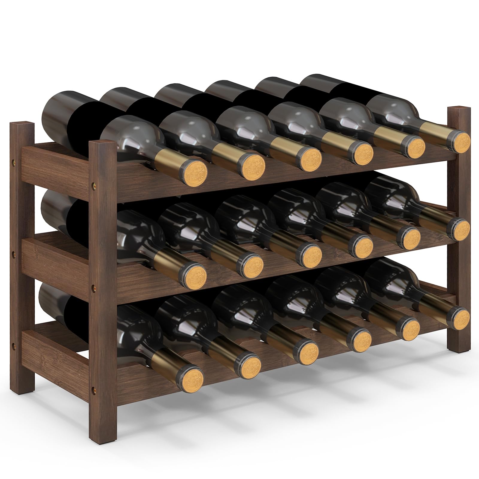 Giantex Bamboo 3-Tier 18-Bottle Wine Storage Cabinet Shelf, Countertop Wine Rack for Kitchen, Bar, Pantry & Wine Cellar, Coffee