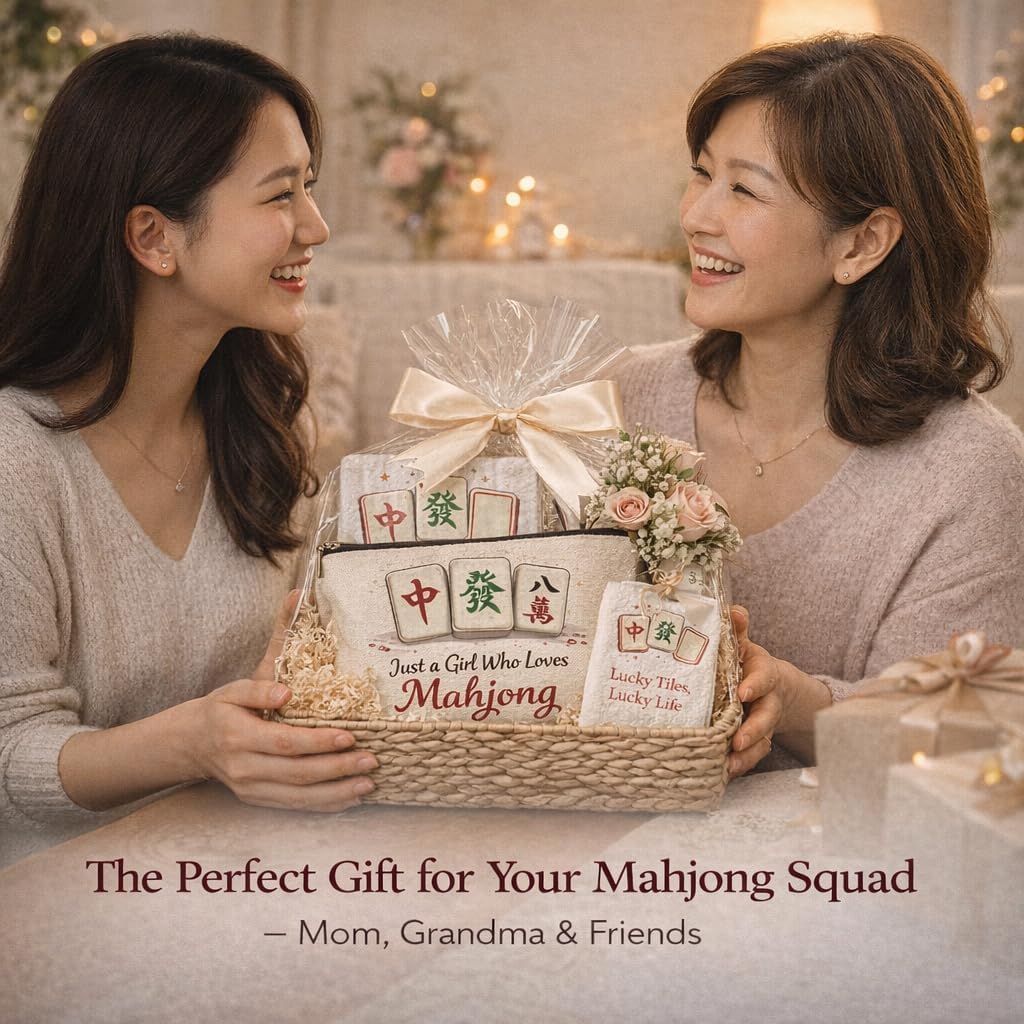 Mahjong Gifts for Women – Cute + Lucky 5-Piece Mahjong Lover Gift Set (Socks, Makeup Bag, Towel, Necklace & Stickers) – Unique Mahjong Themed Gifts for Birthday, Christmas & Mahjong Players
