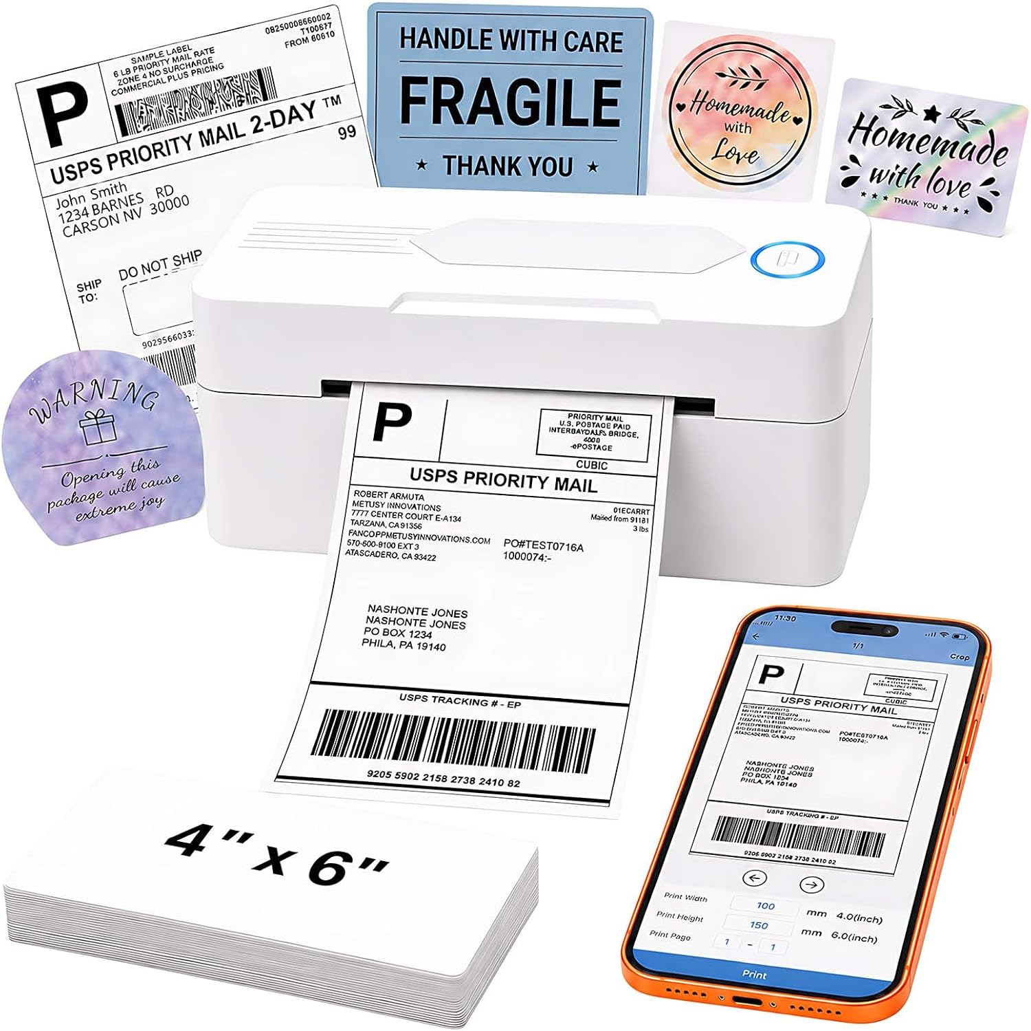 Bluetooth Thermal Shipping Label Printer, 4x6, White