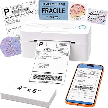 Bluetooth Thermal Shipping Label Printer, 4x6, White | Wireless Thermal Label Printer for Small Business, Compatible with Android, iPhone, Windows & Mac
