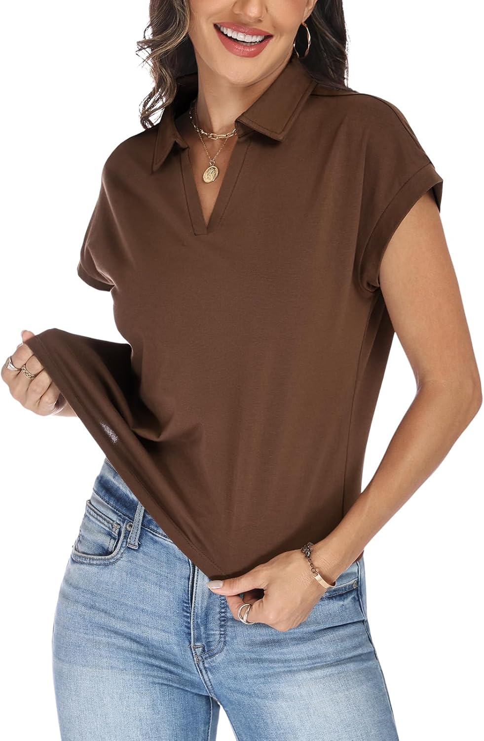 Women's Cap Sleeve Crop Tops Collared V Neck T Shirts Boxy Short Sleeve Polo Shirts Summer Basic Tees Fashion Clothes - Image 4