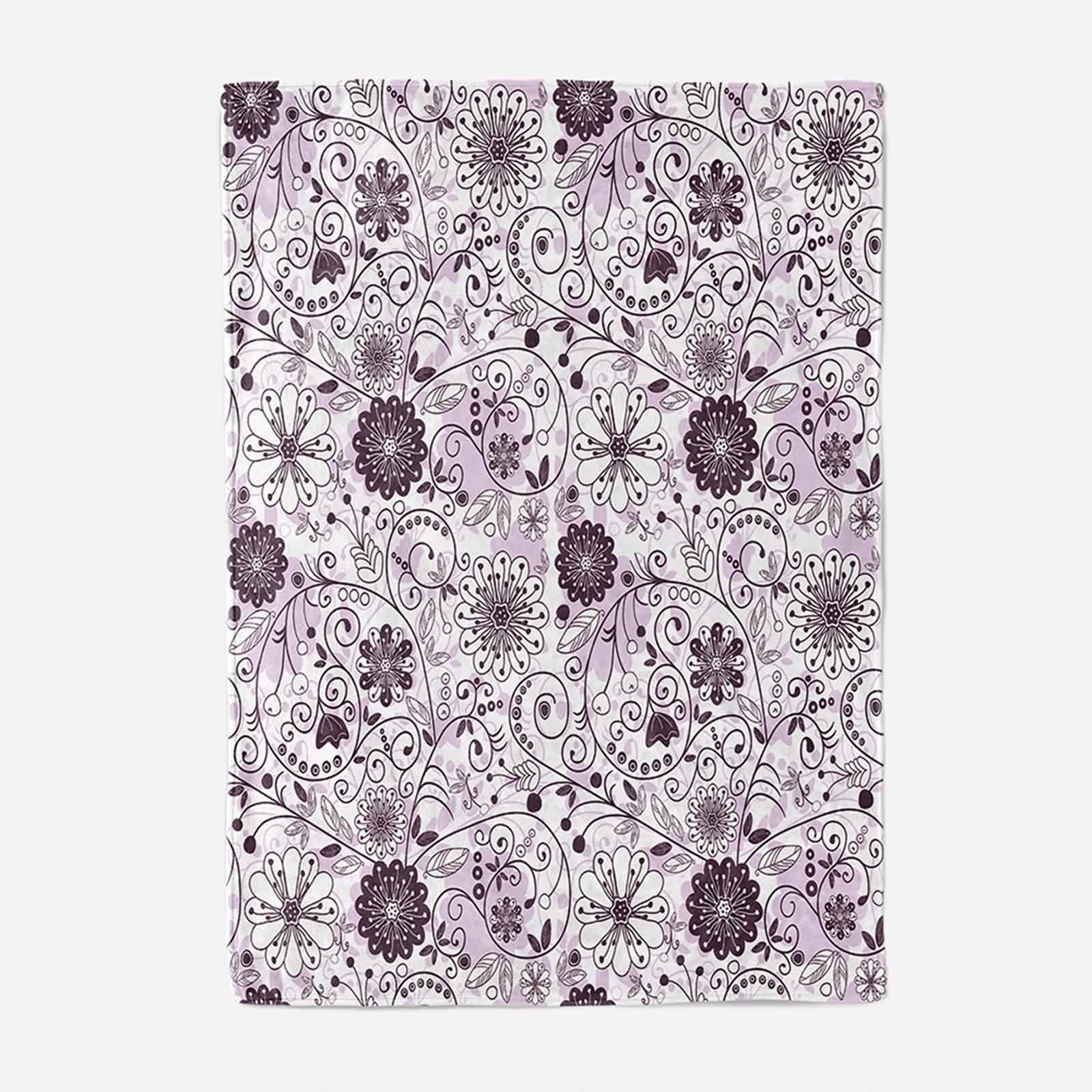 Biały puszysty koc, koc na sofę obciążniki flanelowy fioletowy kwiat winorośl wzór 180 x 220 cm do łóżka biura samochodu miękkie ciepłe prezenty