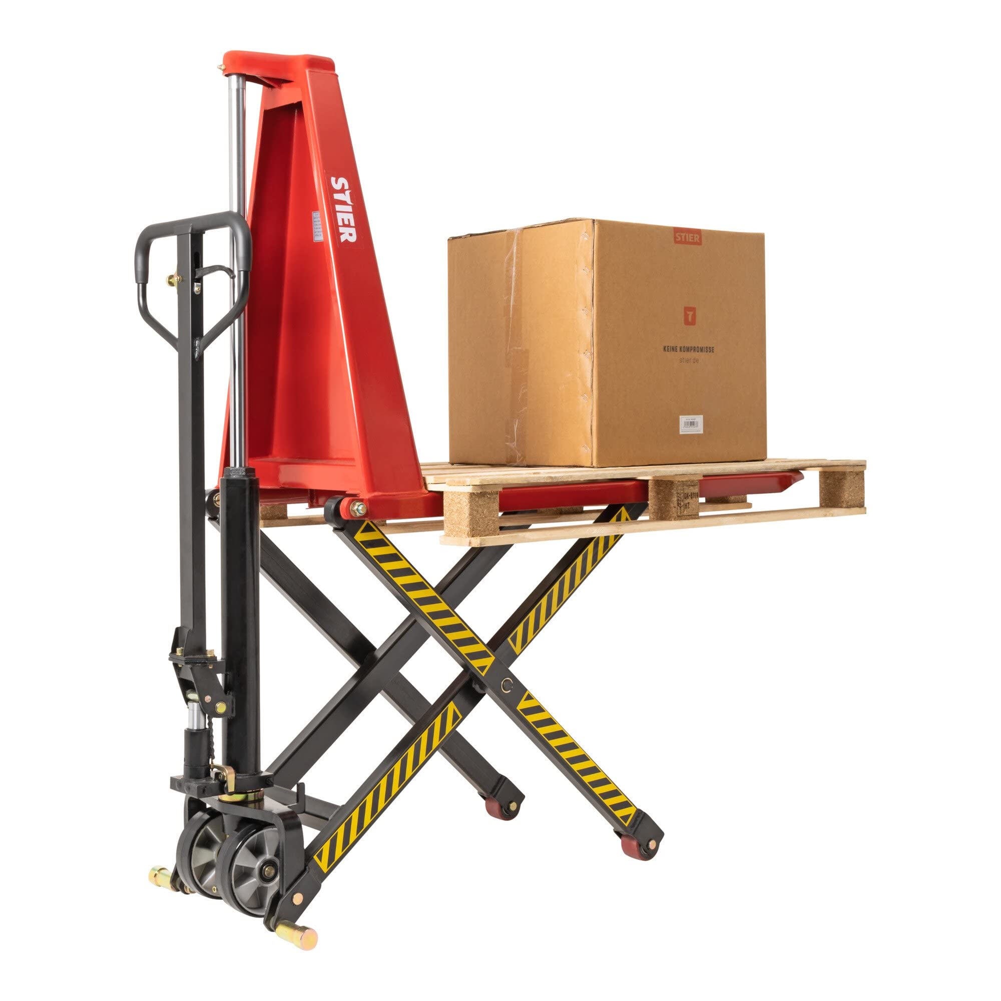 STIER Scheren-Hubwagen, 1000 kg Traglast, 800 mm Hubhöhe, manueller Quicklift für doppelte Hubgeschwindigkeit, Gabellänge 1140 mm, Hubtisch mit Polyurethan-Lenkrädern & Überlastventil
