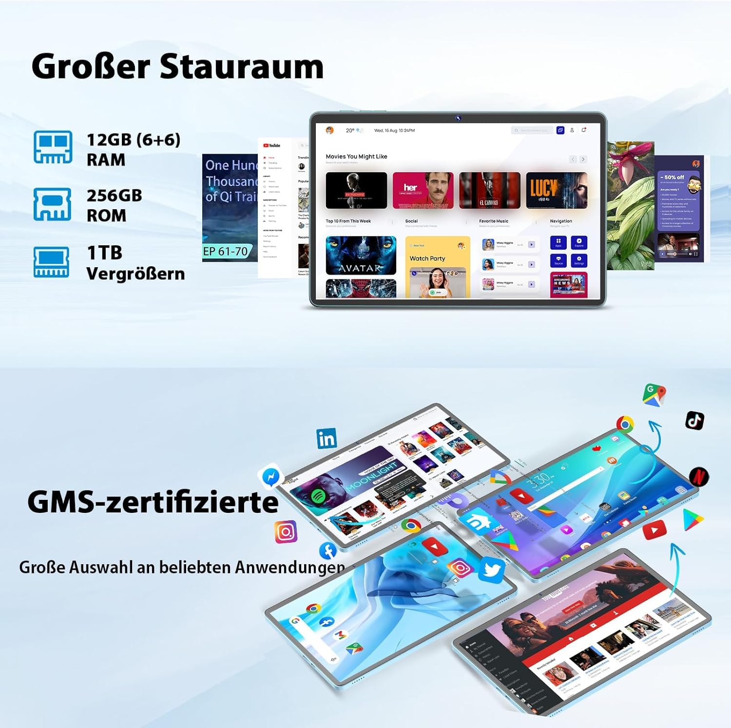 Diagram illustrating the tablet's 12GB RAM, 256GB ROM, and 1TB expandable storage, with examples of stored content.