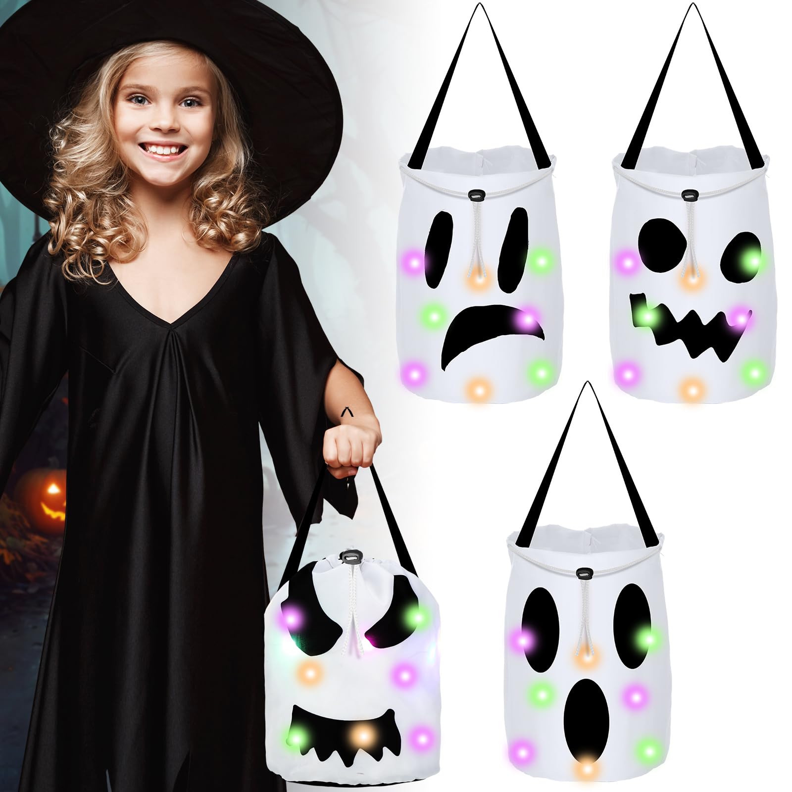 Berlune 4 Pieces LED Light Halloween Drawstring Bags Trick or Treat Bags Halloween Drawstring Goody Bucket Halloween Treat Bag Light up Reusable Candy Bucket for Halloween Party Favors (Ghost)