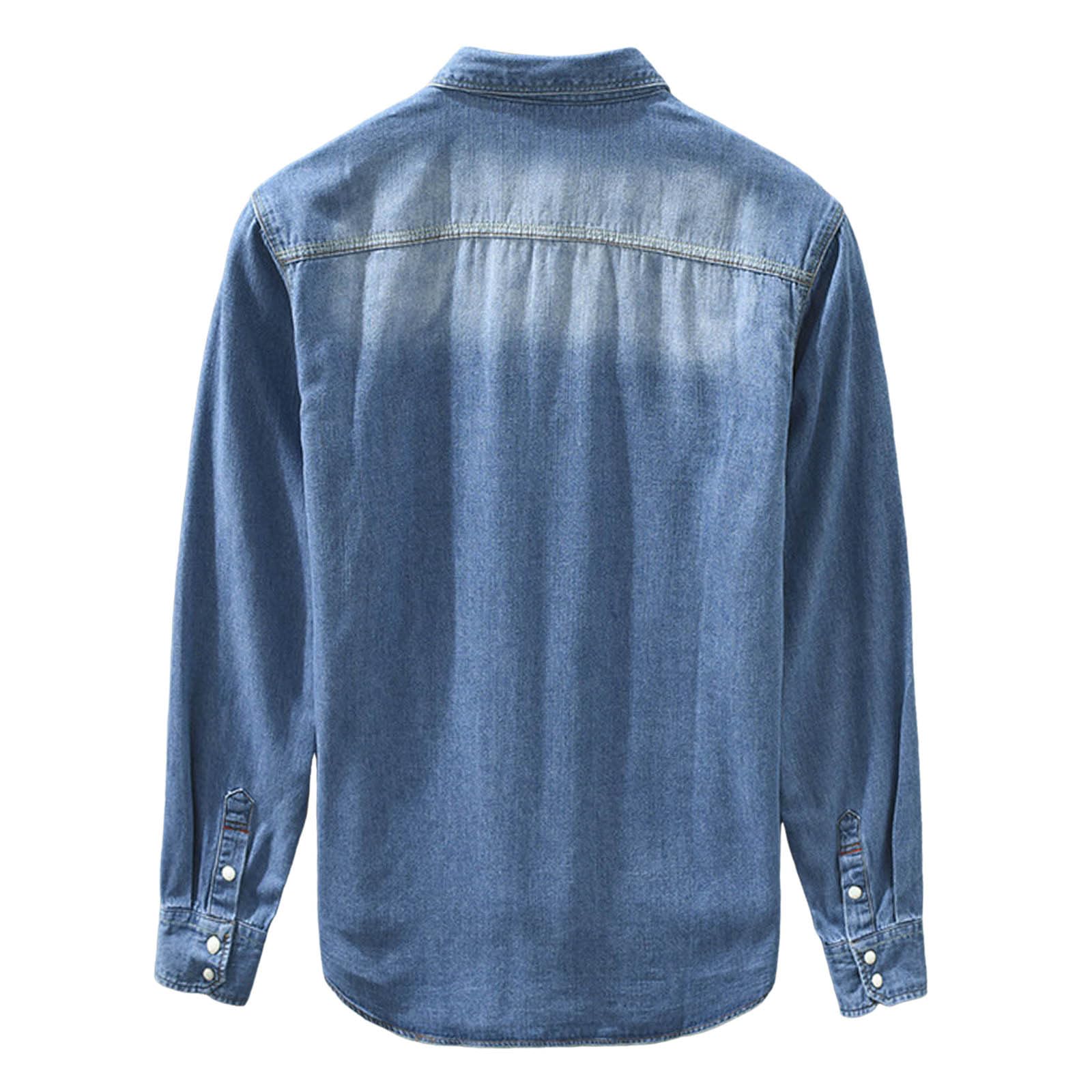 Camicia da uomo in denim, a maniche lunghe, con colletto da cowboy Kent, vestibilità normale, a maniche lunghe, da lavoro, tinta unita, con bottoni automatici