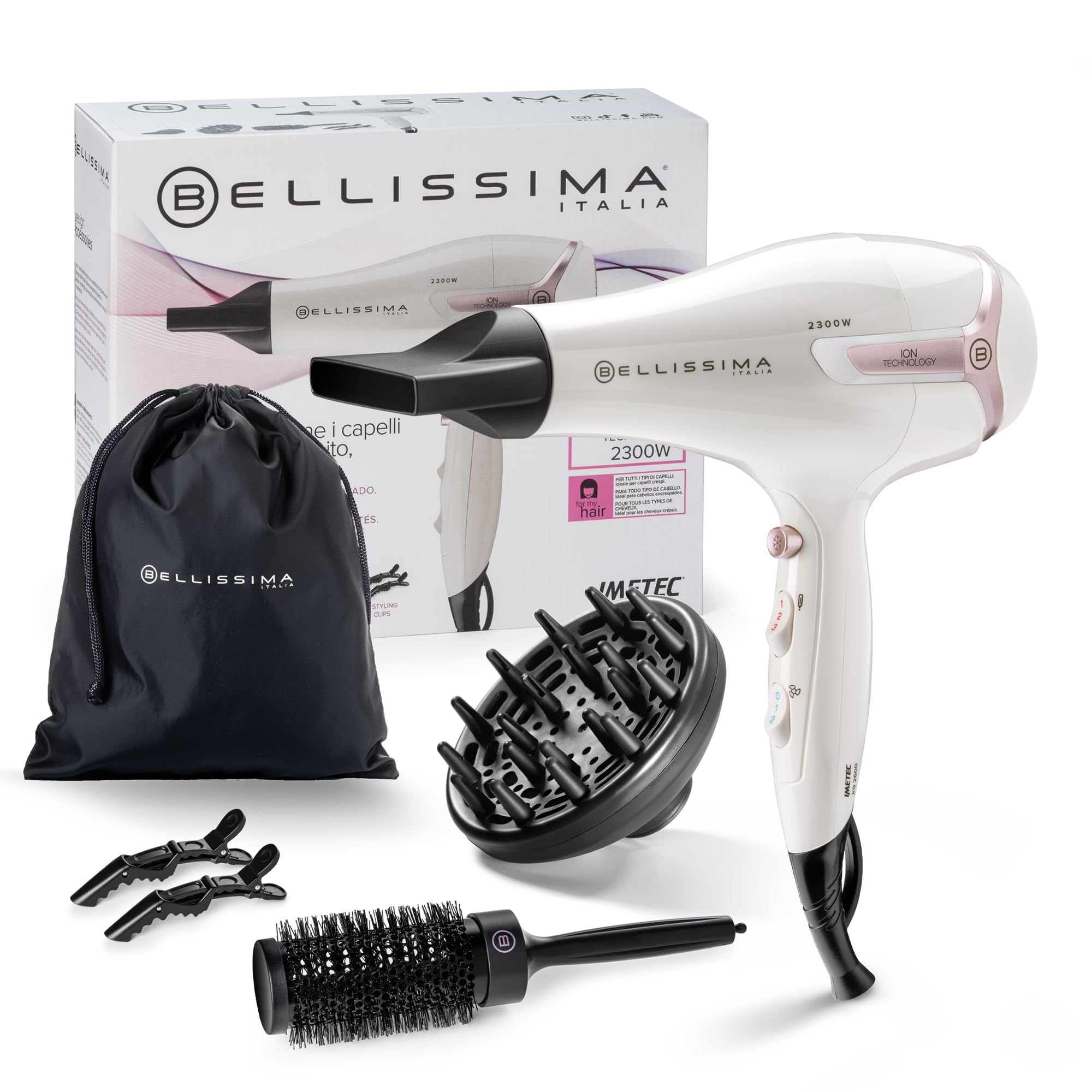 Bellissima Kit Sèche Cheveux Professionnel 2300W Blanc et Rose - Séchage Rapide, Chaleur Maîtrisée - Adapté Tous Types Cheveux - Accessoire Coiffure, Brushing - Brosse Ronde, Diffuseur Inclus