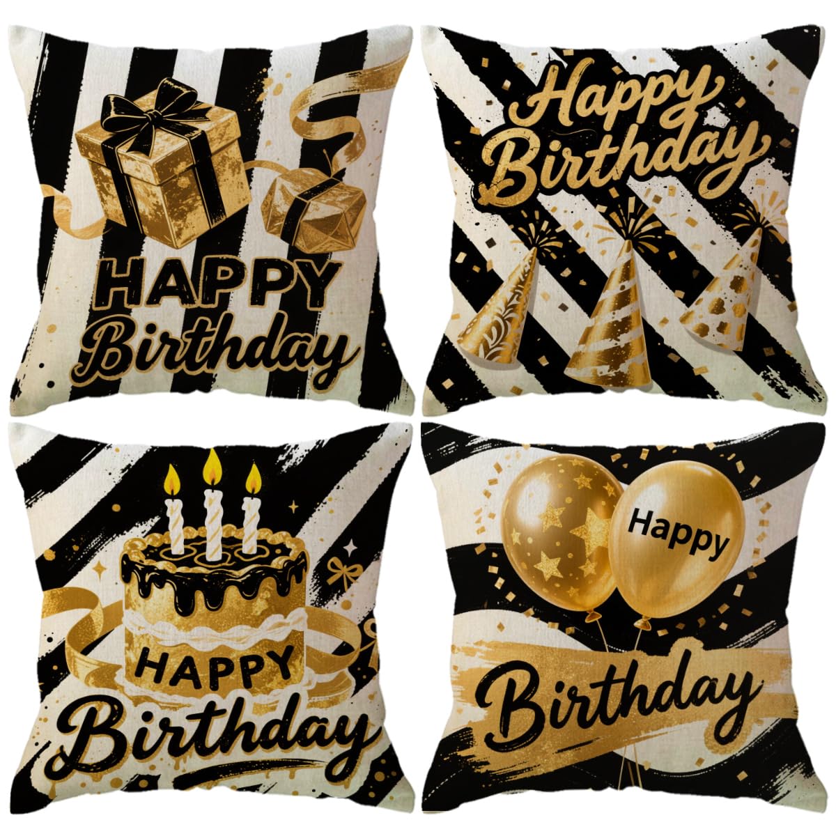 4Pack Happy Birthday Throw Pillow Cover With Cake,Balloons, Gifts Pattern Home Decor Pillowcases Square Cushion Cover 18 X 18 Inches for Family Friends Birthday Decoration( Happy Birthday)