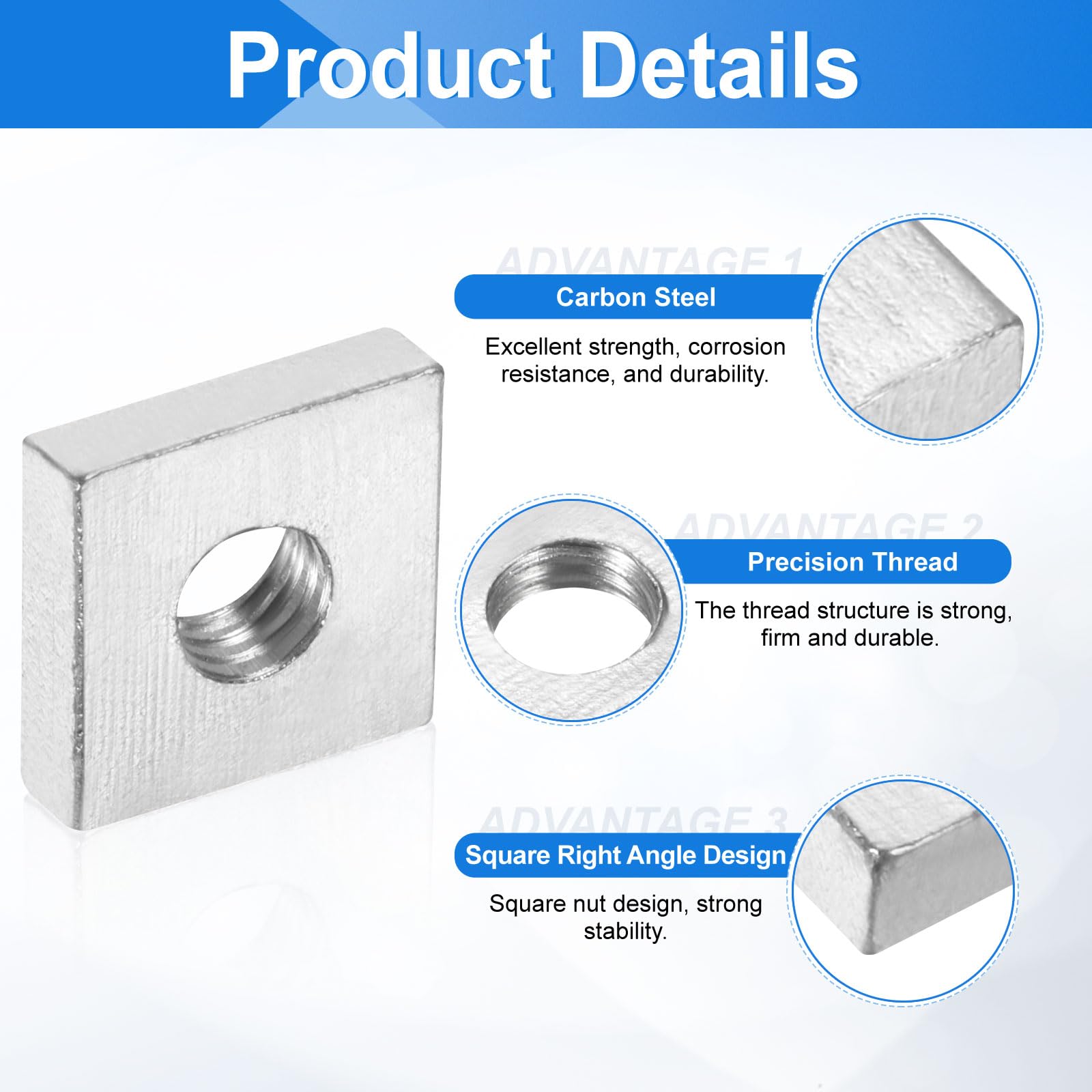 sourcing map 10 dadi quadrati M6 x 14 mm x 4 mm, in acciaio al carbonio zincato, filettatura grossa, dadi di fissaggio per riparazioni domestiche e ingegneria professionale, argento