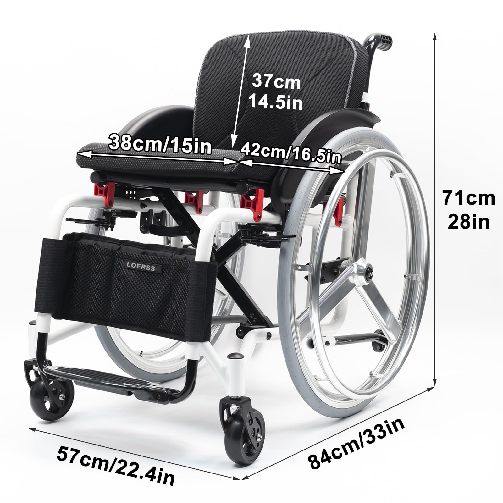 Sedia A Rotelle Sportiva Pieghevole Portatile Ultra Leggera, Sedia A Rotelle Autogesti(38cm/15in,Black)