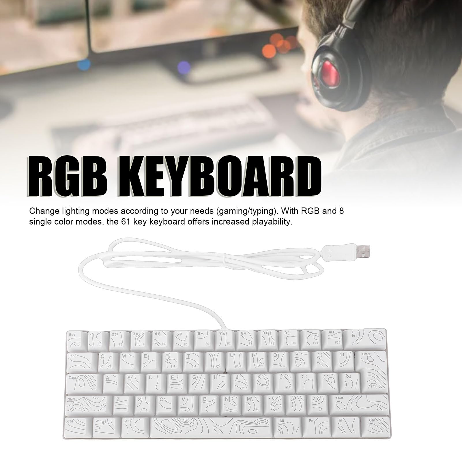 Luqeeg Klawiatura do Gier z 61 Klawiszami Rgb 60% Mechaniczna Podświetlana Klawiatura Rgb 8 Jednokolorowa Klawiatura Przewodowa, Ergonomiczna Konstrukcja Anti Ghosting Wysoka (WHITE)