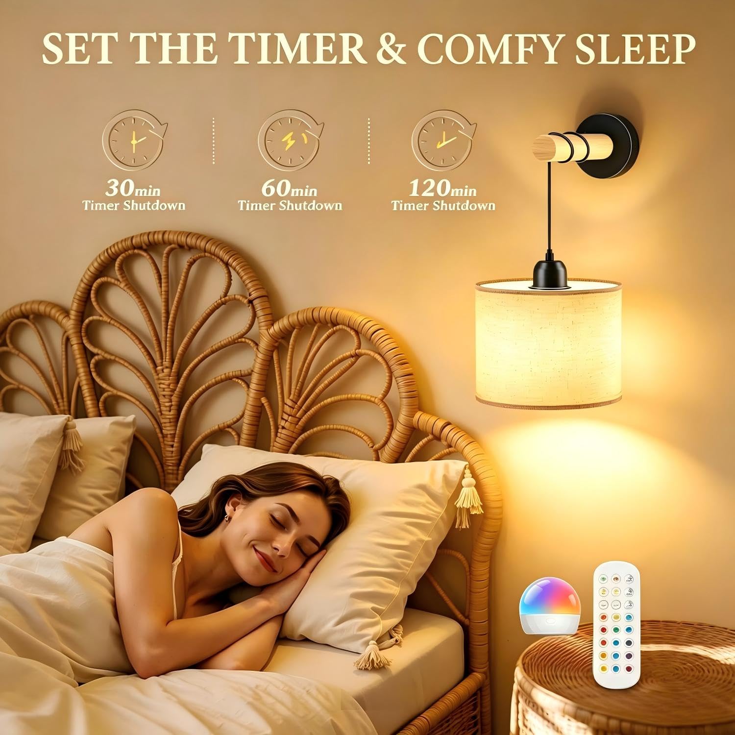 Apliques Pared RGB, Lamparas Pared LED Luz Con Pilas， Inalámbricos con Batería, Magnético Recargable Sin Cable, Iámpara de Pared con Mando a Distancia, Pantalla Lino Beige, Regulables, 2 Piezas