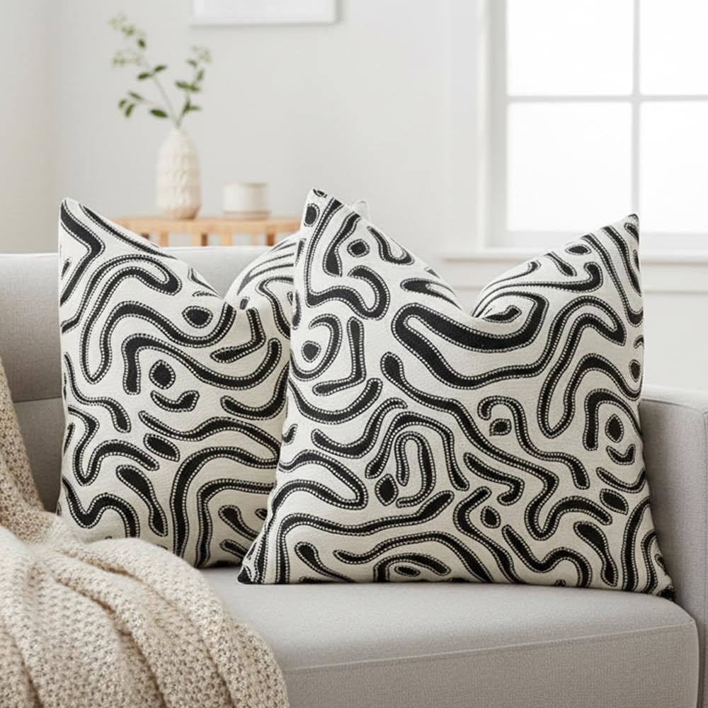 SAJRCOY White Cushion covers Black textured Cushions 45 X 45cm Set Of 2 Living Room Sofa Bed Throw Pillow Cover Office Cushion for Home Garden Farmhouse Decor Couch Throw Pillows