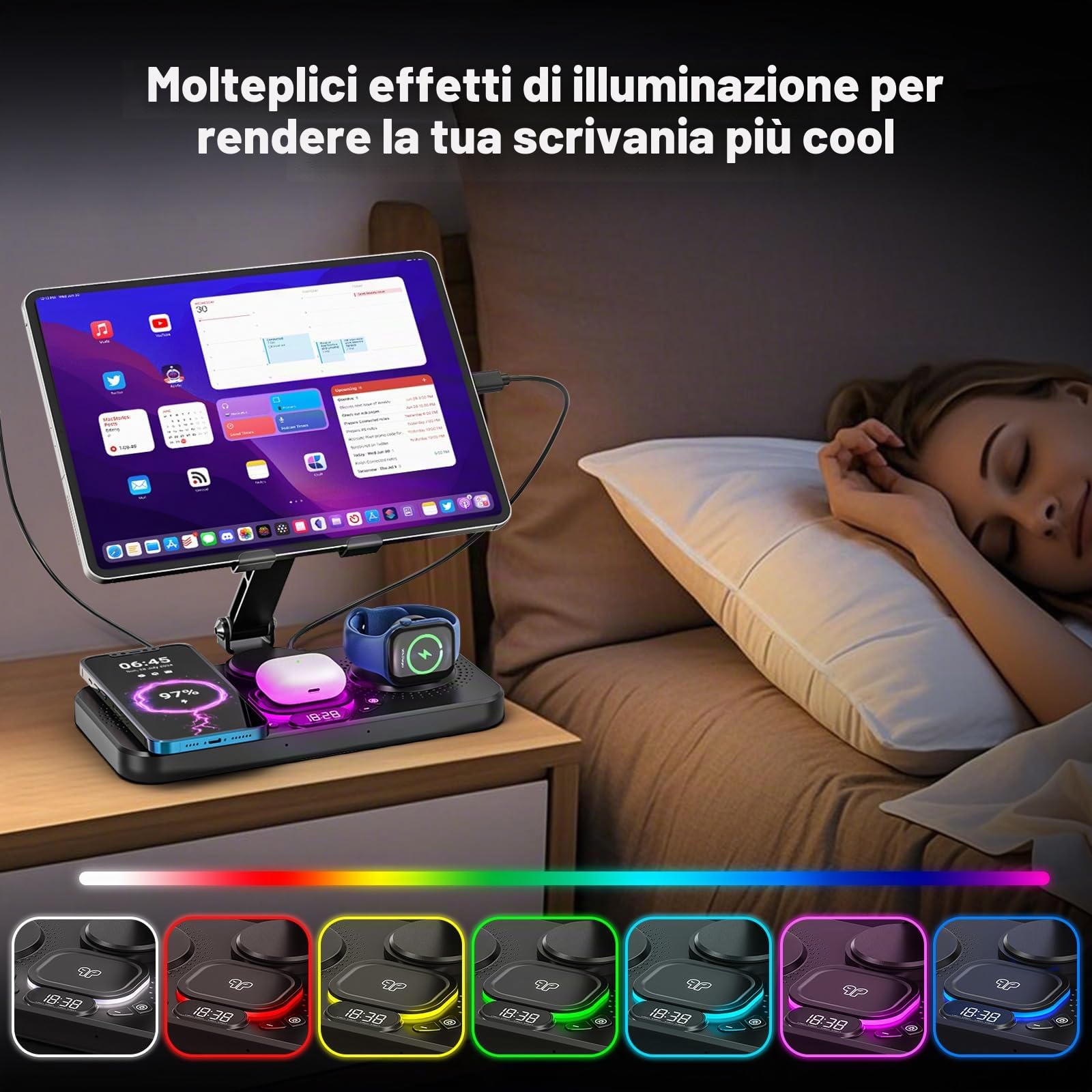 4 in 1 Stazione di Ricarica per iPhone, Supporto da Tavolo per Tablet con Caricatore Wireless, Ricarica Wireless per iPhone 16/15/14/13/12, iWatch, Auriculares | Supporto da tavolo regolabile per tablet con luce notturna a LED per iPad Pro Air Mini, table