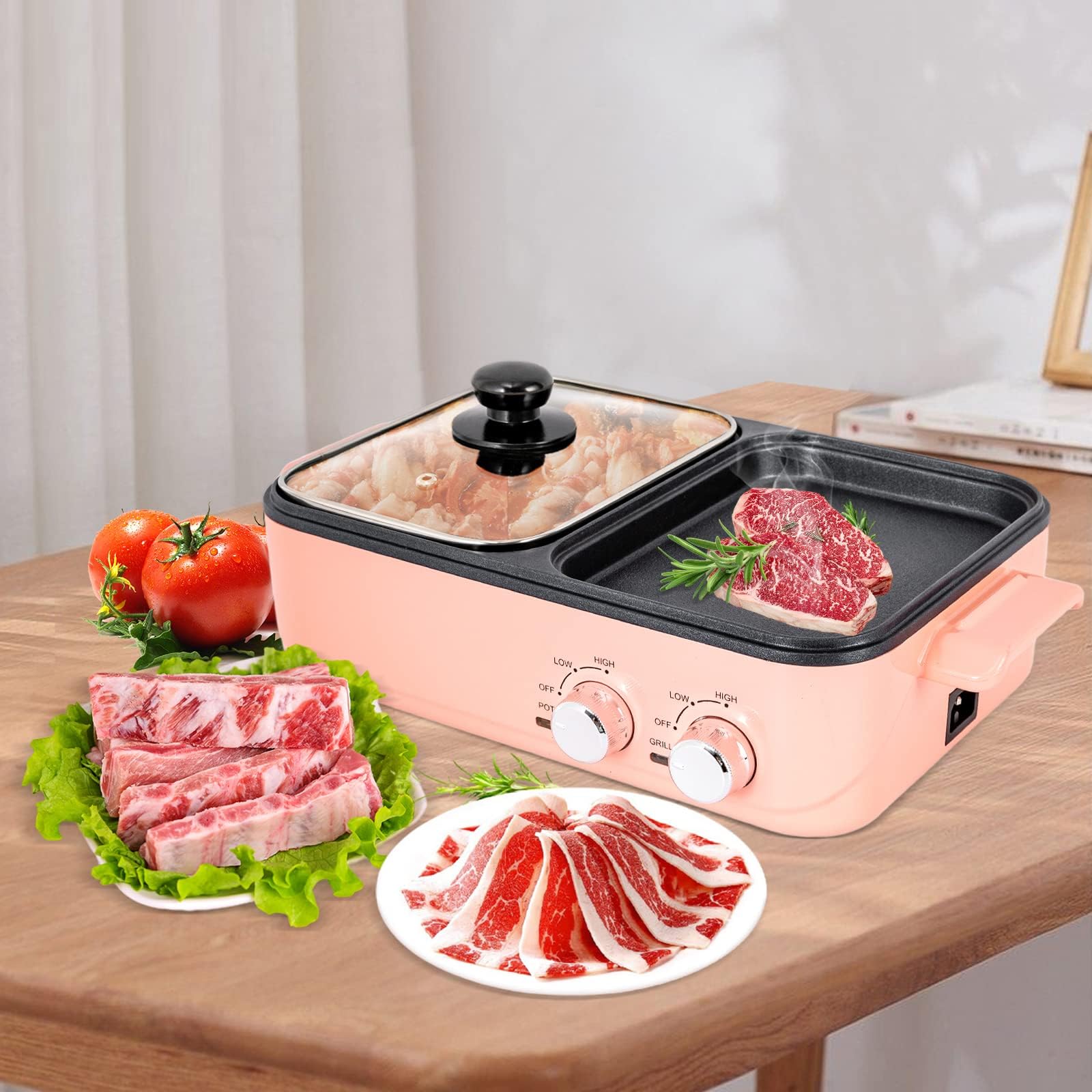 Dorm Cooking Hot Pot Electric with Grill, 2 in 1 Pink Grill with Anti-Scalding Handle, 3.28 ft Power Cord, 0.2"-0.4" Raised Pot Walls Prevent