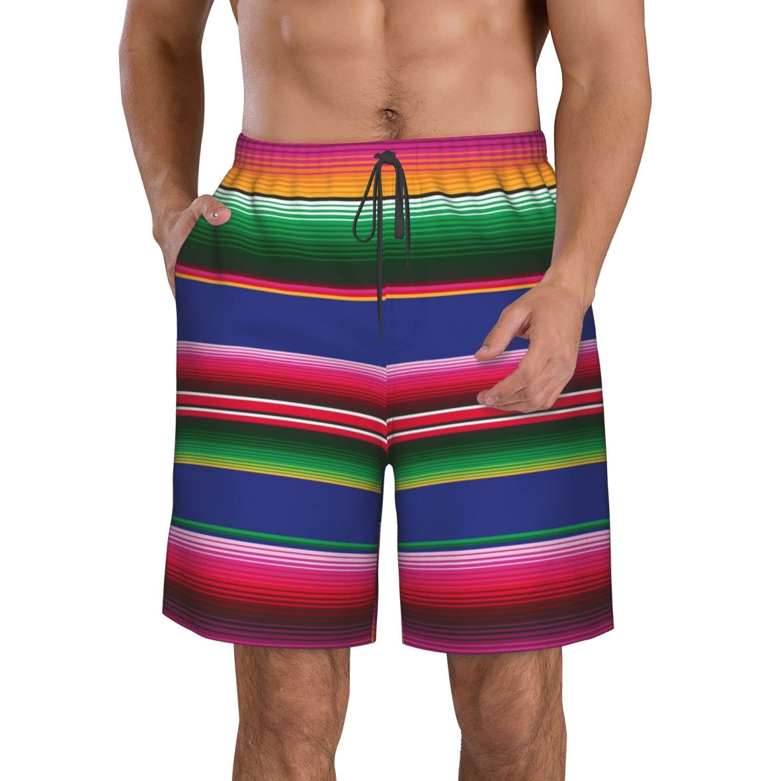 Lsjuee Novel Colorful Mexican Blanket Stripes Men's Summer Swim Trunks Quick Dry Board Shorts Drawstring Beach Shorts
