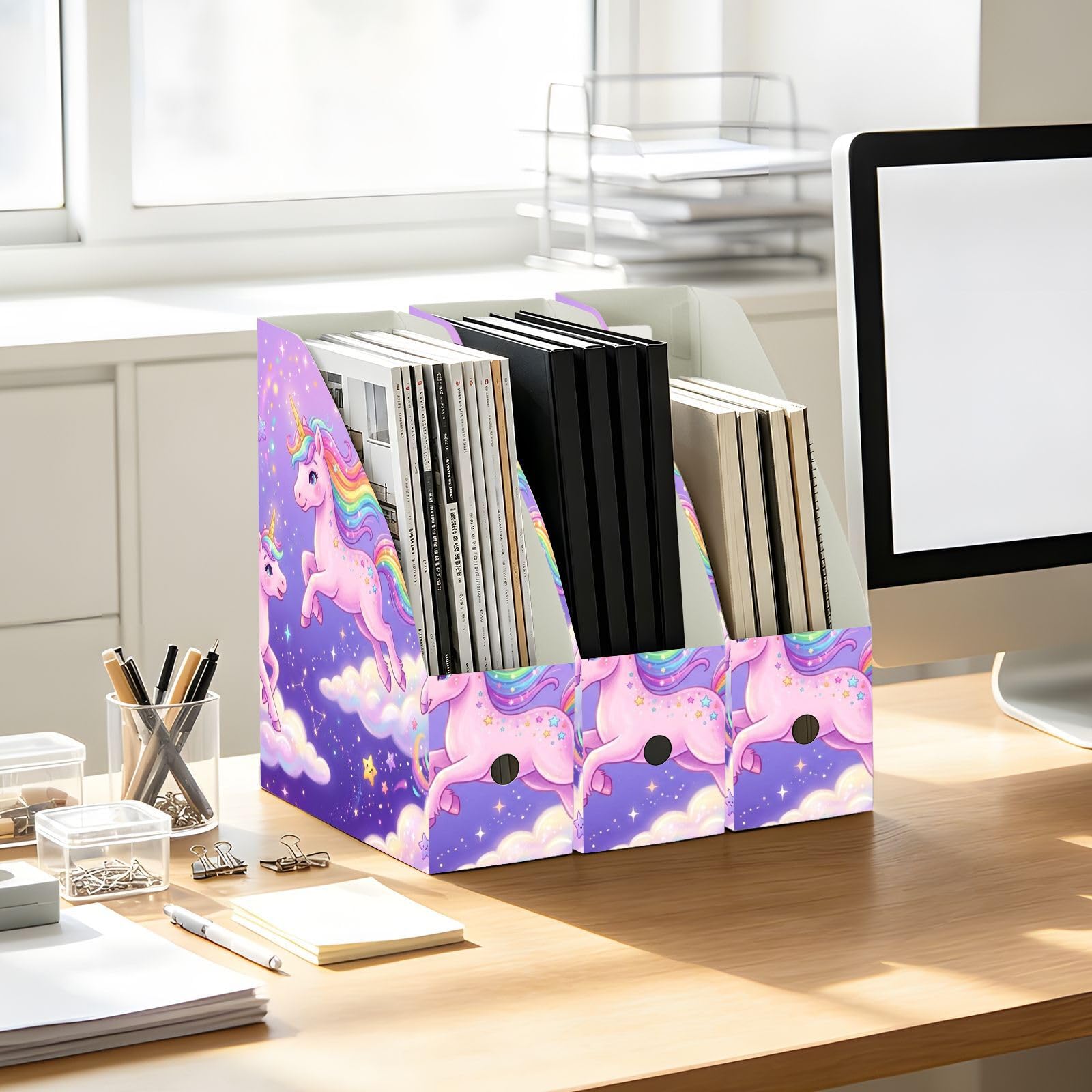 Porte-revues avec couvercle ouvert Motif licorne Violet