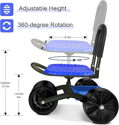 Miniatura 4 de i COVER Carrito de jardín con cuatro ruedas, bolsa de herramientas y rodilleras incluidas, asiento de trabajo estable, carrito resistente, altura y