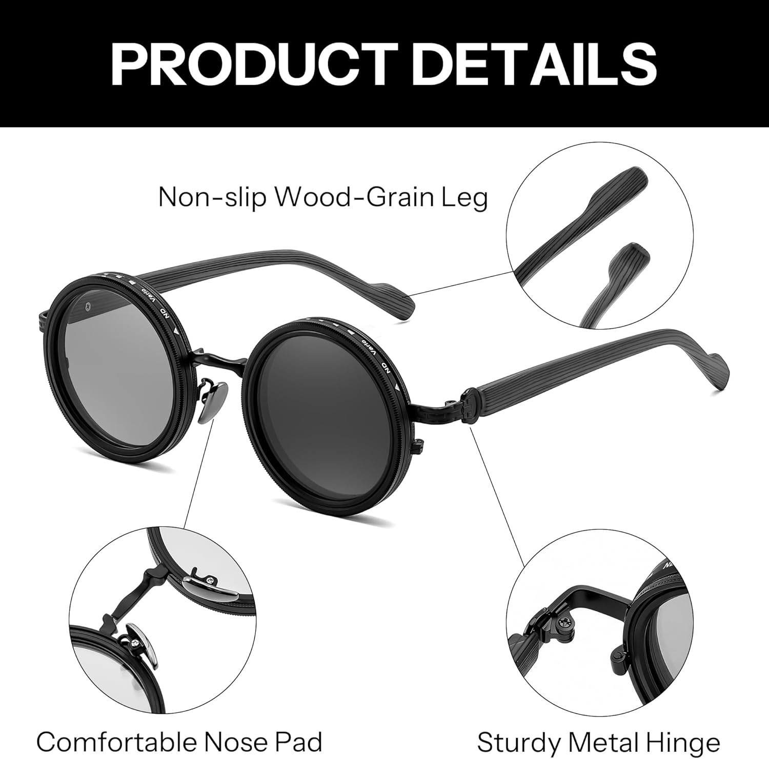 FEISEDY Adjustable Polarized Sunglasses,1-9 Gear Manual Dimming,Wood-Grain Temples,Steampunk Round ND TAC Lenses UV400 B0380