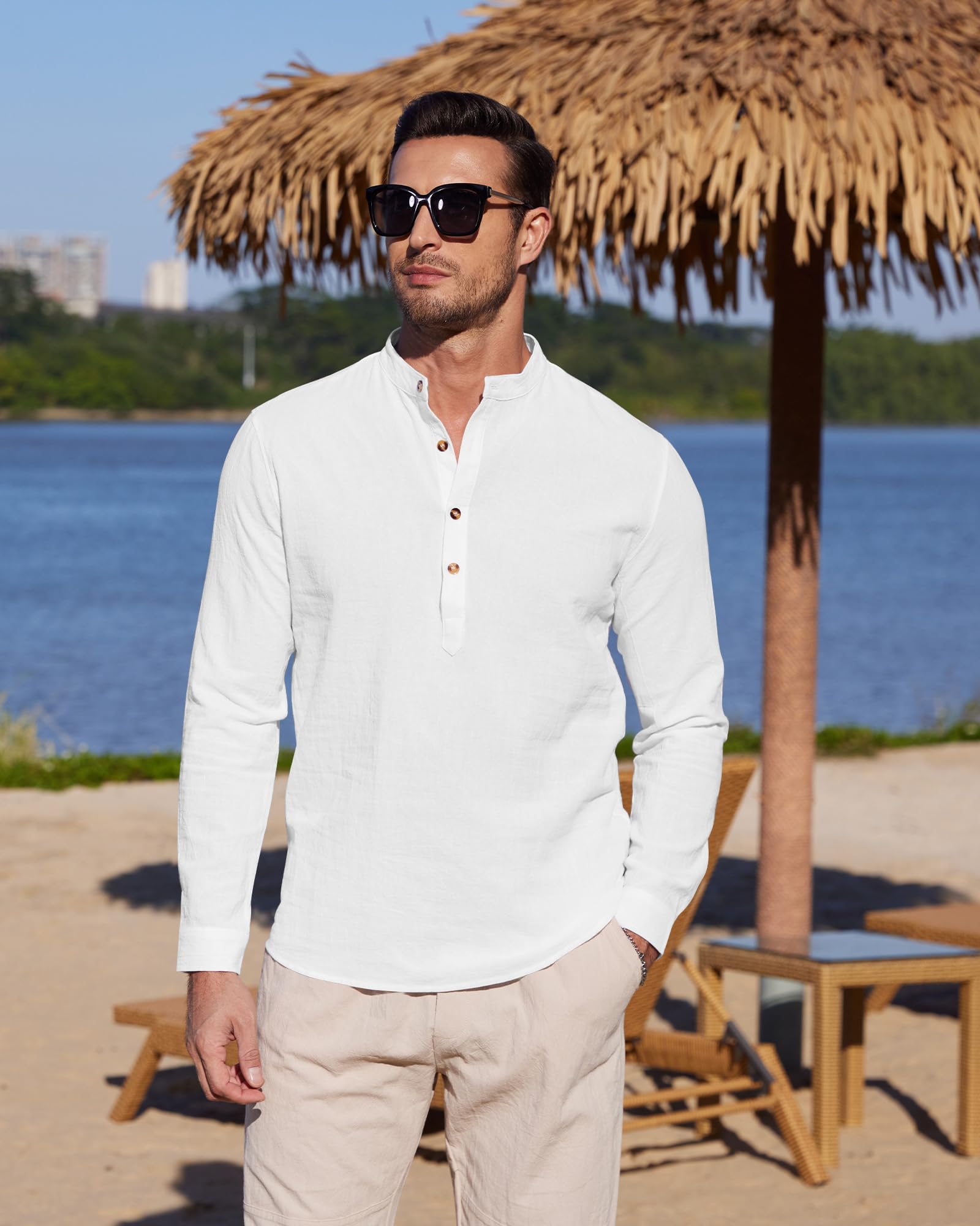 YAOBAOLE Chemise Lin Homme Manches Longues Été Mao Décontractée Henley Shirts de Plage Classique