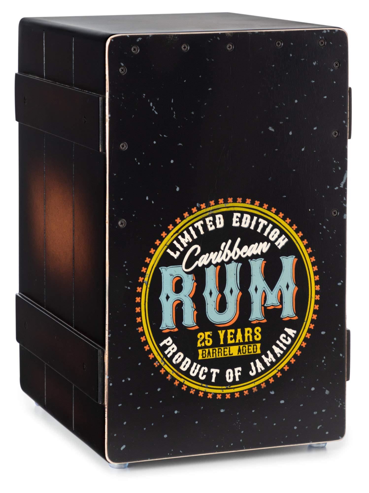 XDrum Design Series Cajon "Rum", Cajon design avec impression vintage | Bass Port intégré, Corps: HPL (High Pressure Laminate), Moitié supérieure de la surface de frappe vissée, Basse puissante