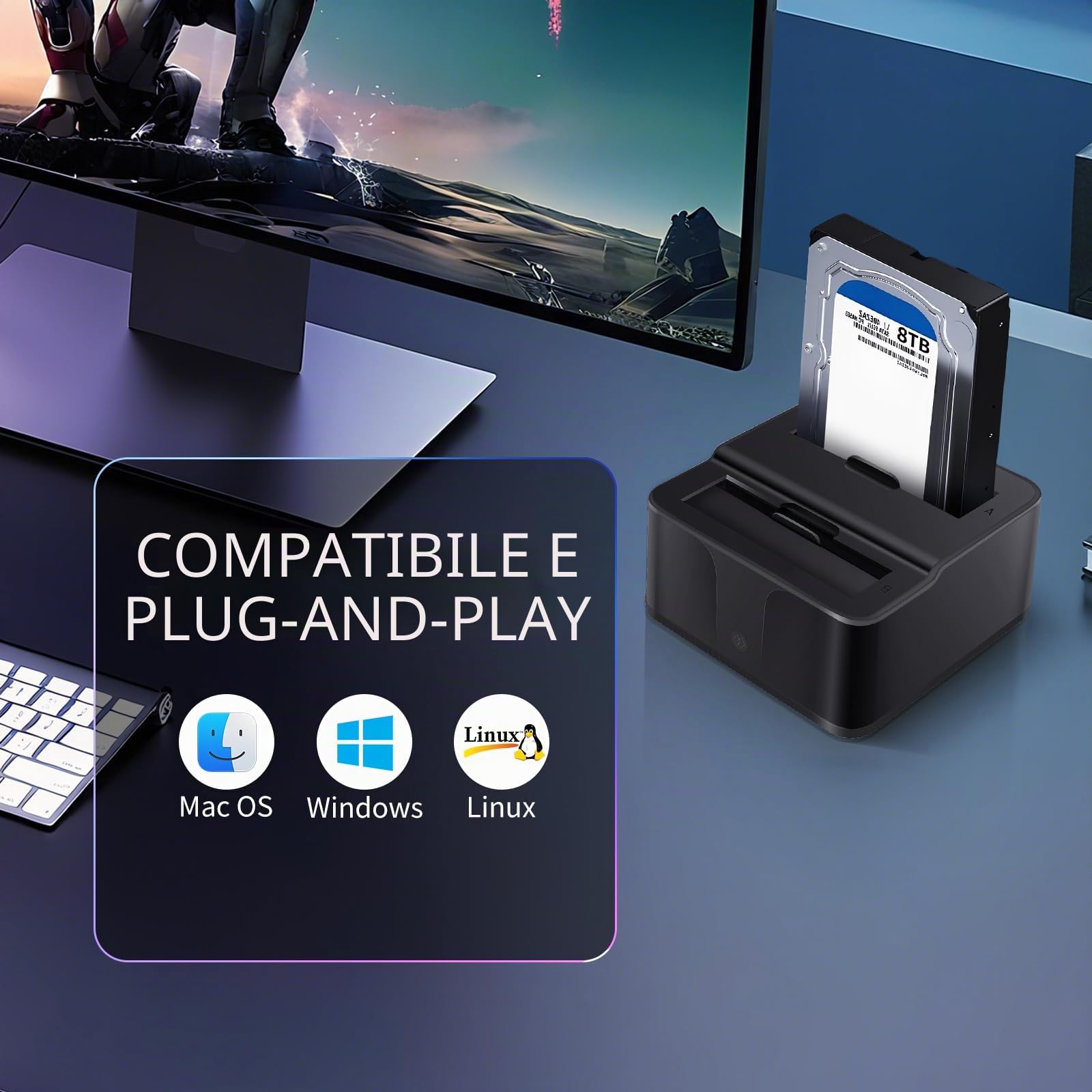 Docking station USB 3.0 doppio alloggiamento per dischi rigidi/SSD SATA da 2,5"/3,5" (fino a 2x16TB) con lettore di schede SD/microSD integrato. Supporta la clonazione offline, Plug & Play