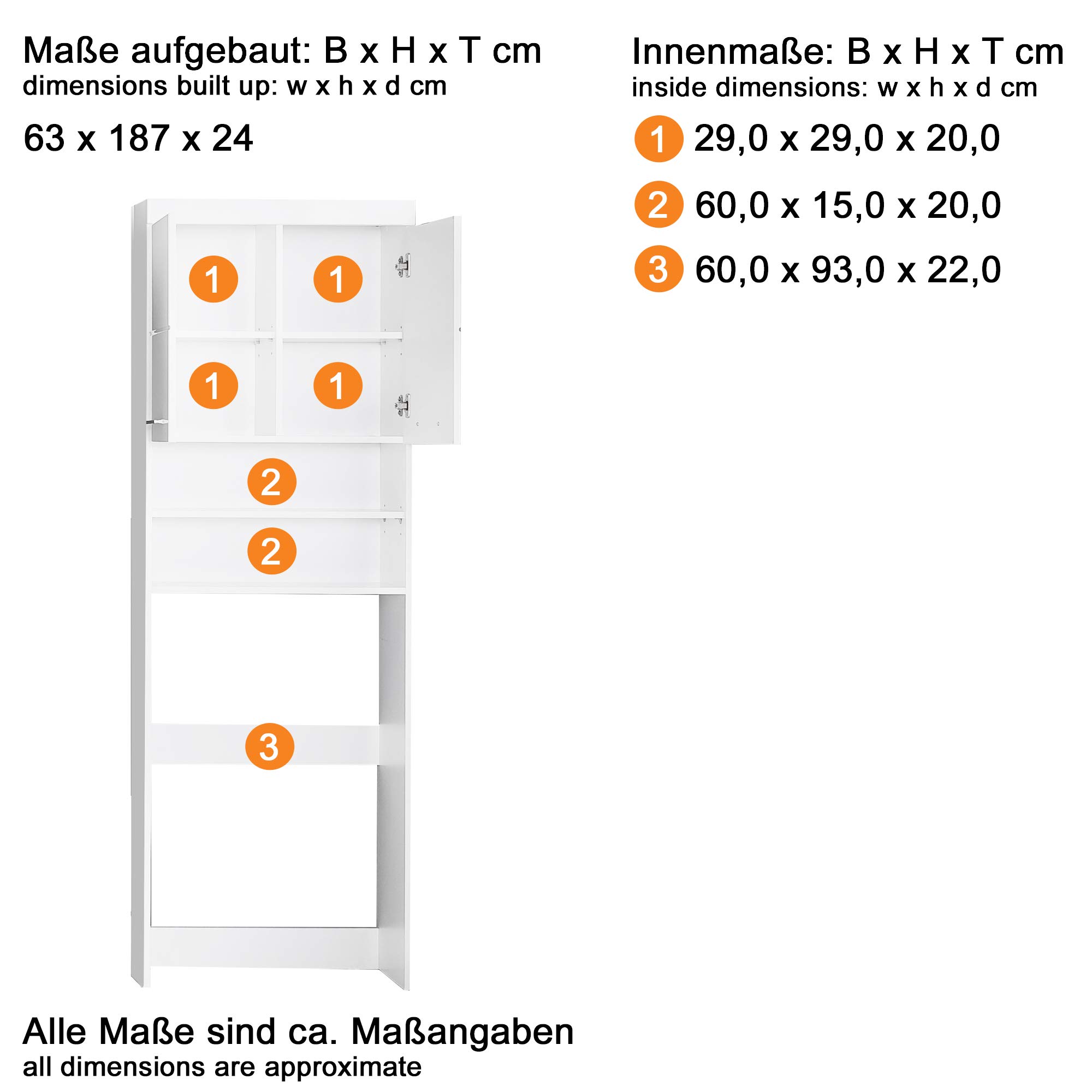 trendteam smart living - Amanda - Waschmaschinenüberbau - Weiß/Weiß Hochglanz - 2 offene Fächer + 3 Einlegeböden - (BxHxT) 63 x 187 x 24 cm - kratzfest