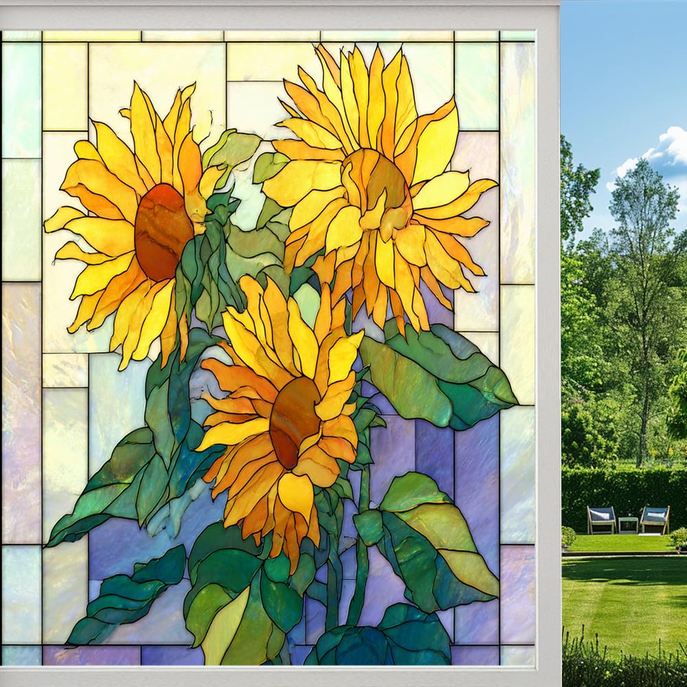 Elegant Sunflower Stained Glass Window Film, Contemporary Flowers Bouquet Peel and Stick Privacy Film, Frosted Adhesive Vinyl Decorative for Bathroom Windows Glass Doors, （45x60cm）