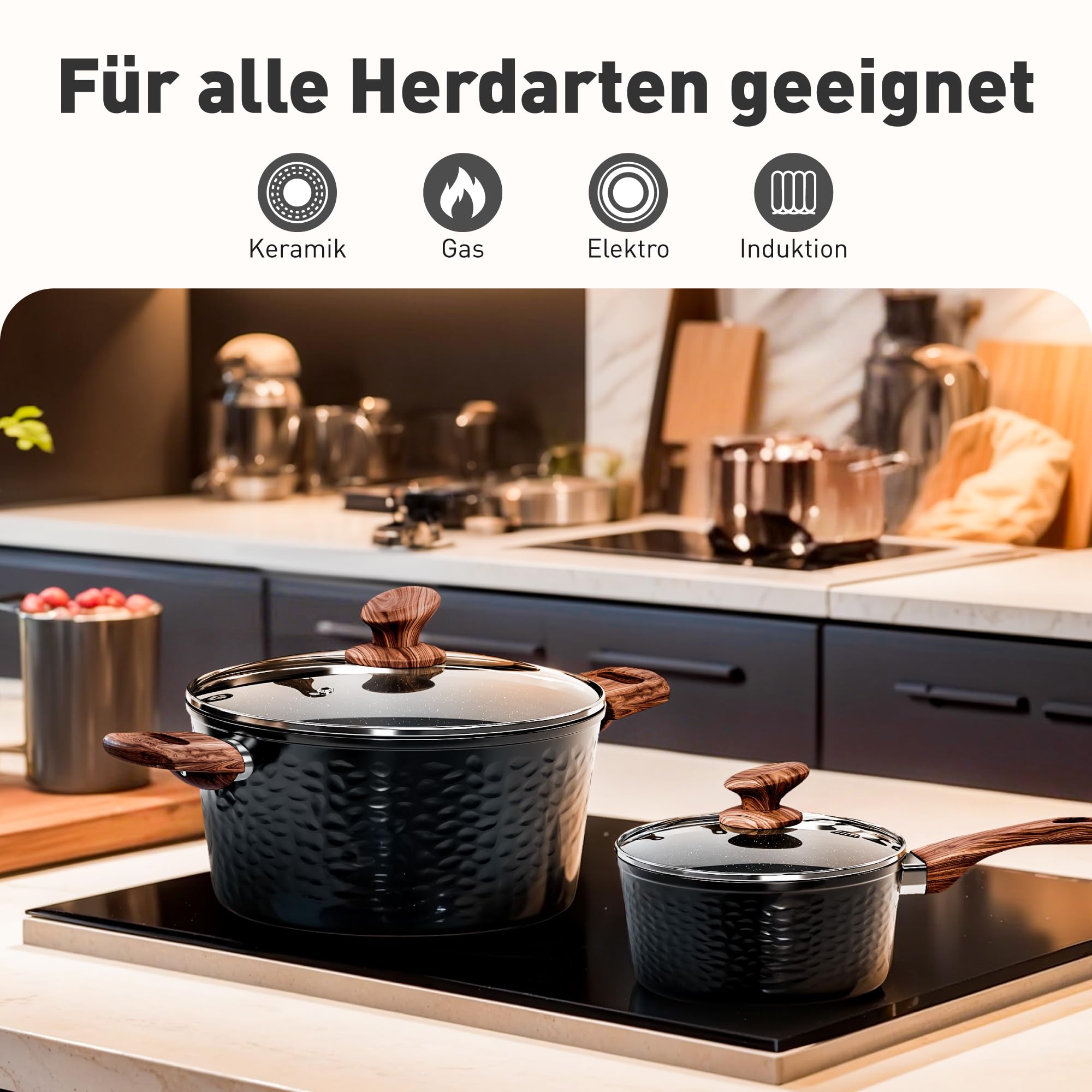 Kitchen Academy Topfset Antihaft Beschichteter, Topf Induktion 15tlg | Töpfe Set Pfannenset Pfannen mit Glasdeckeln Granit Kochtopf Bratpfanne mit Deckel Kochtopfset für Alle Herdarten Schwarz