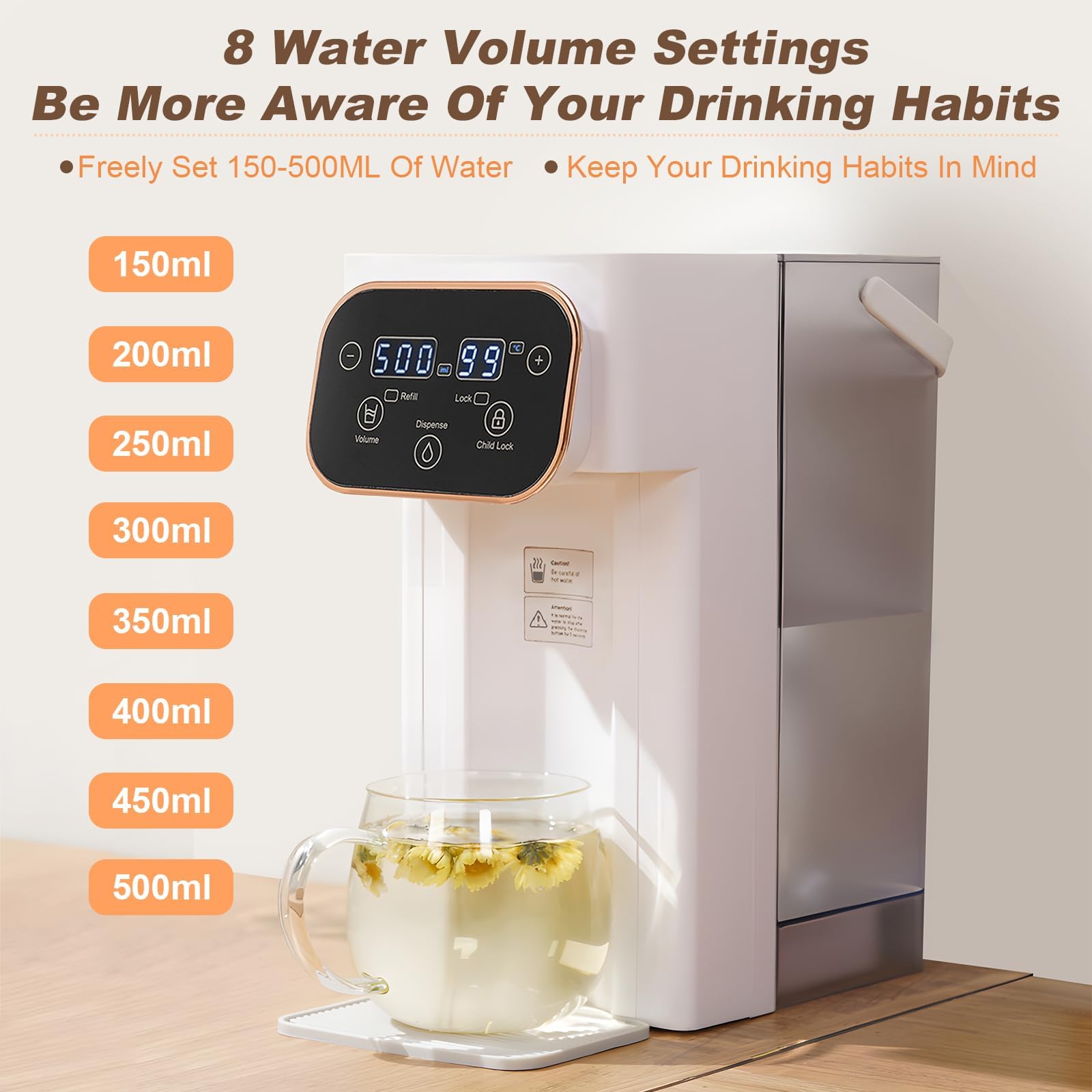 Distributore di acqua calda istantanea, refrigeratore d'acqua da banco con impostazioni di temperatura e volume, blocco di sicurezza, luce notturna per uso domestico o ufficio