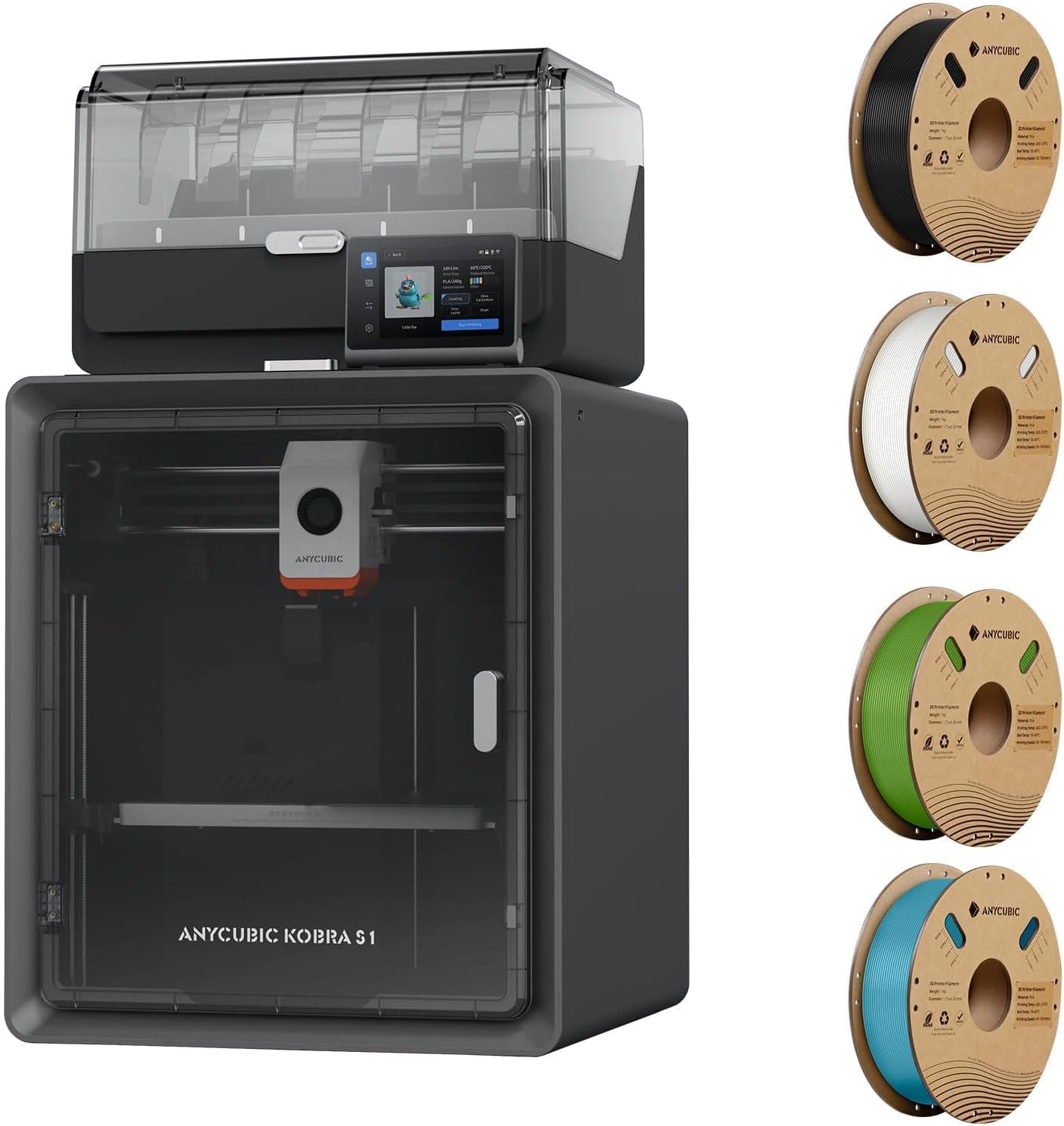 (PLA 4KG Bundle)Anycubic Kobra S1 Combo Multi-Color 3D Printer, Fast 600mm/s Printing Auto Leveling with Auto Calibration 250 x250x250mm Build Size,4KG Black + White + Spring Leaf + Tropical Turquoise