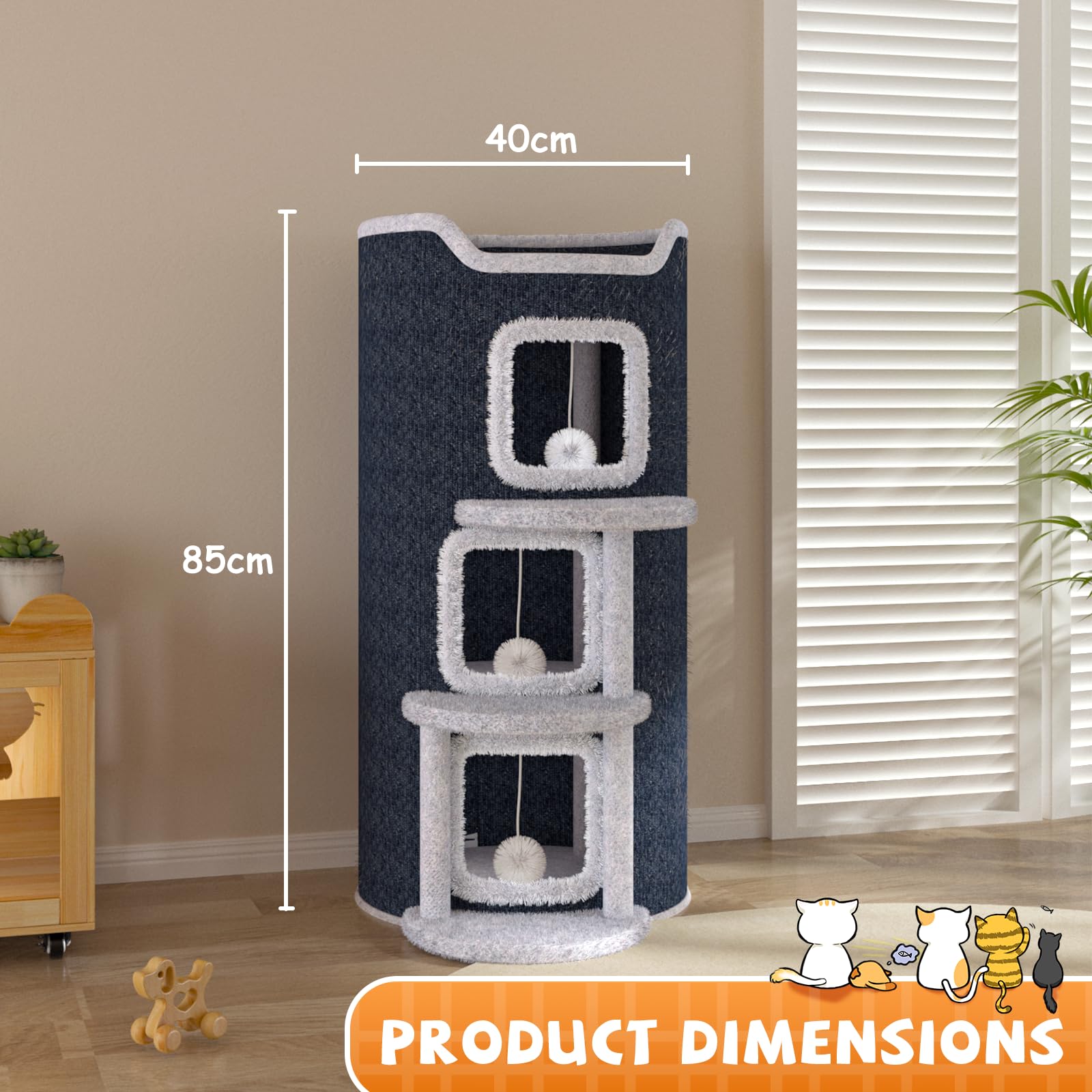Tour à griffer Chat à 4 Niveaux avec balles en Peluche et Structure d'escalade, Robuste et idéale pour Les foyers avec Plusieurs Chats, 85 x 40 x 40 cm, Gris foncé