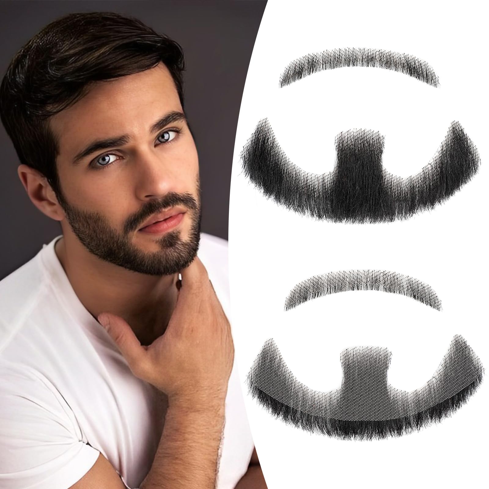 Wodelanle Fake Beard Realistic Mustache 100% Human Hair Full Hand Tied Facial Hair Black Fake Mustache Goatee Lace Invisible Fake Beards for