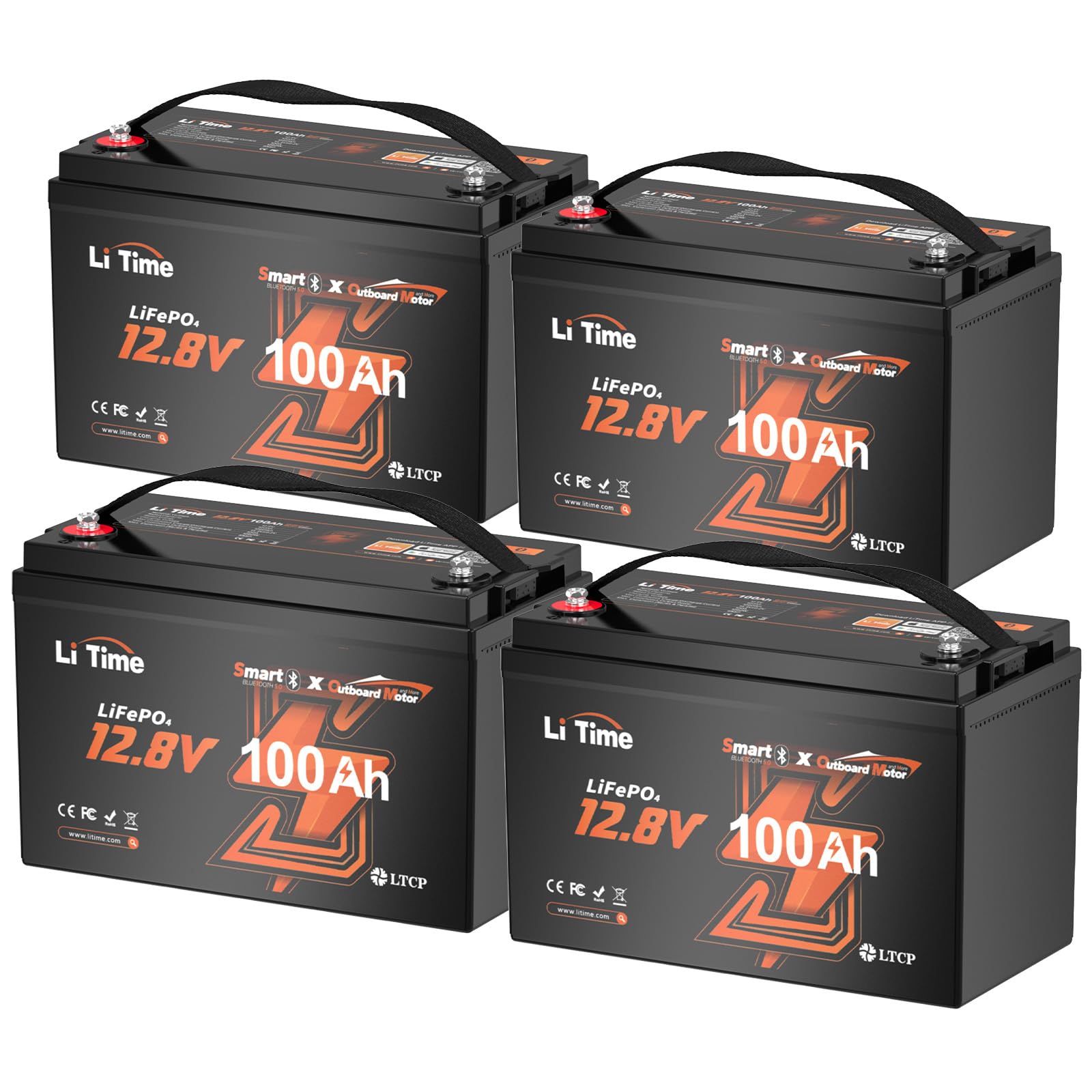 Litime 12V 100Ah LiFePO4 Battery Bluetooth, 12 Volt Group 31 Trolling Motors Lithium Battery, Up to 15000 Deep Cycles, Low-Temp Protection for Boat, Marine, Yacht, Electric Outboard Motors (4-Pack)