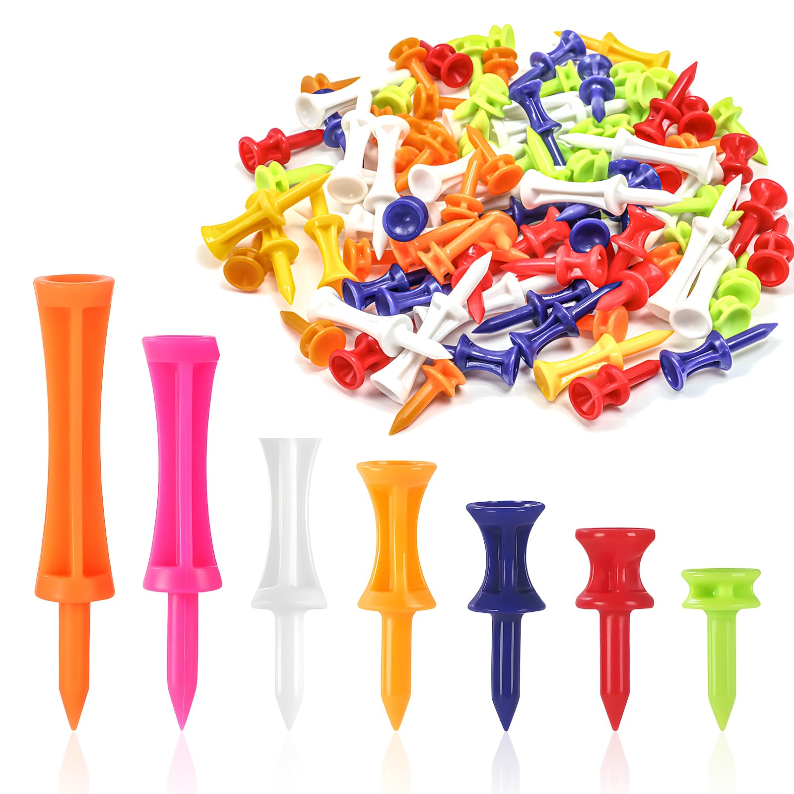 HEUIOP 140 Pcs Plastic Golf Tees, Mixed Sizes Castle Golf Tee in Multiple Colors for Golfer Practice (25mm, 31mm, 35mm, 42mm, 51mm, 60mm, 70mm)