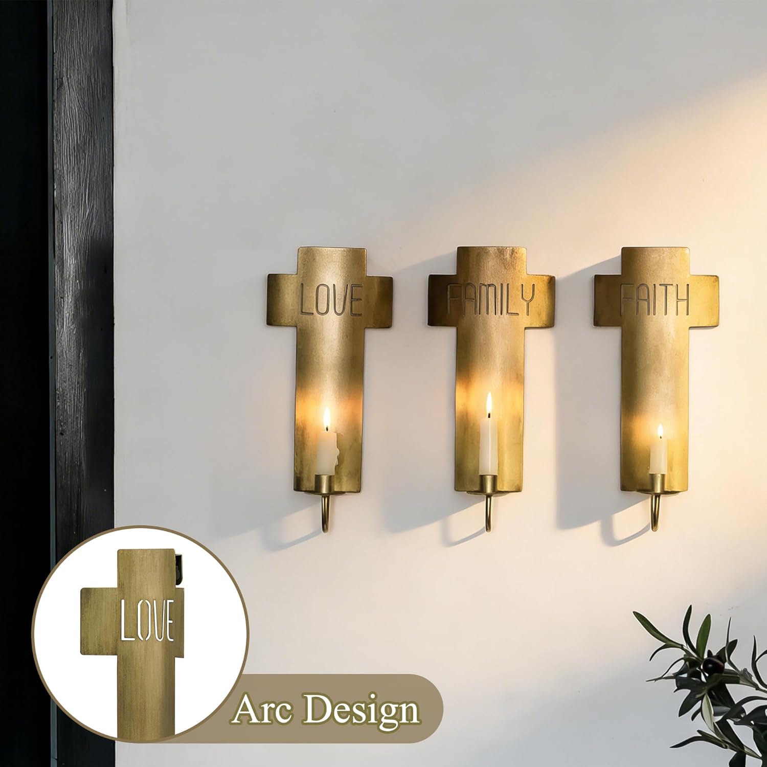SOFFEE DESIGN Set of 3 Vintage Cross Wall Sconces with Love Family Faith Cutouts, Antique Gold Finish Candle Holders for Rustic Farmhouse Chapel Decor