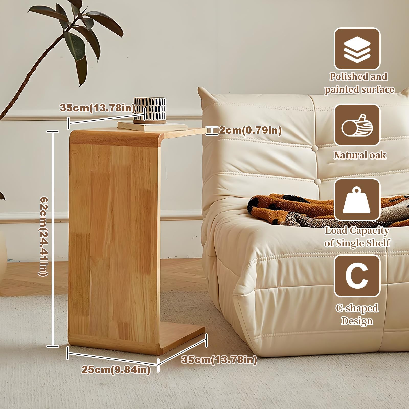 Beistelltisch Couch, Stabiler U/C-Tisch aus massiver Eiche, Oberfläche geschliffen und lackiert, flexibel neben Sofa oder Sessel nutzbar