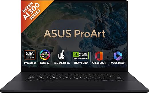 ASUS ProArt P16 OLED (2025), AMD Ryzen AI 9 HX 370, RTX 5080-16GB,64GB RAM, 2TB SSD, 16″/40.64cm Touchscreen, 4K, 120Hz,Windows 11,M365 Basic…