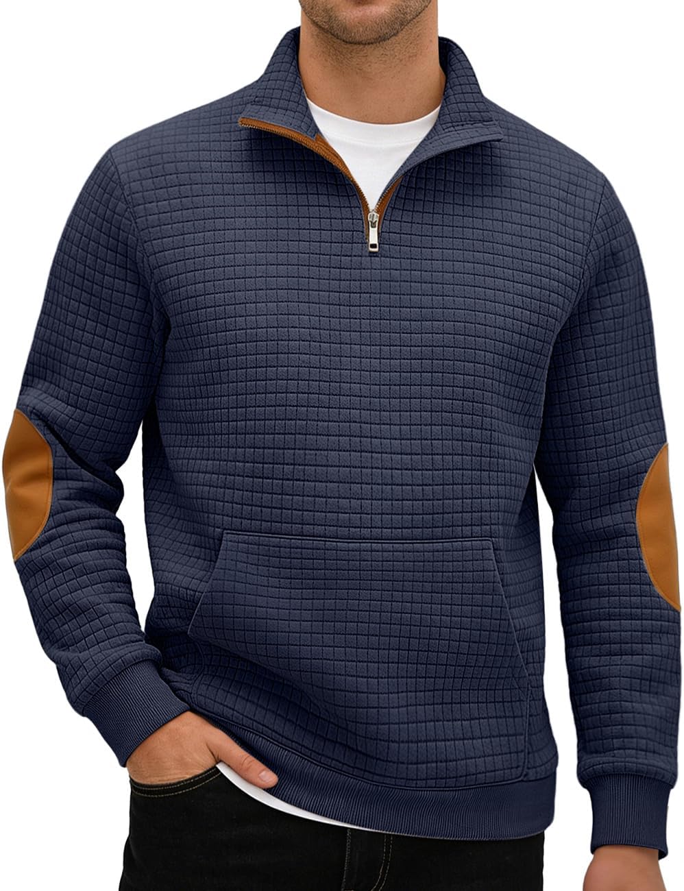 Mens Sweatshirt Casual Stand Collar Quarter Zip Pullover Fall Waffle Sweaters Long ...