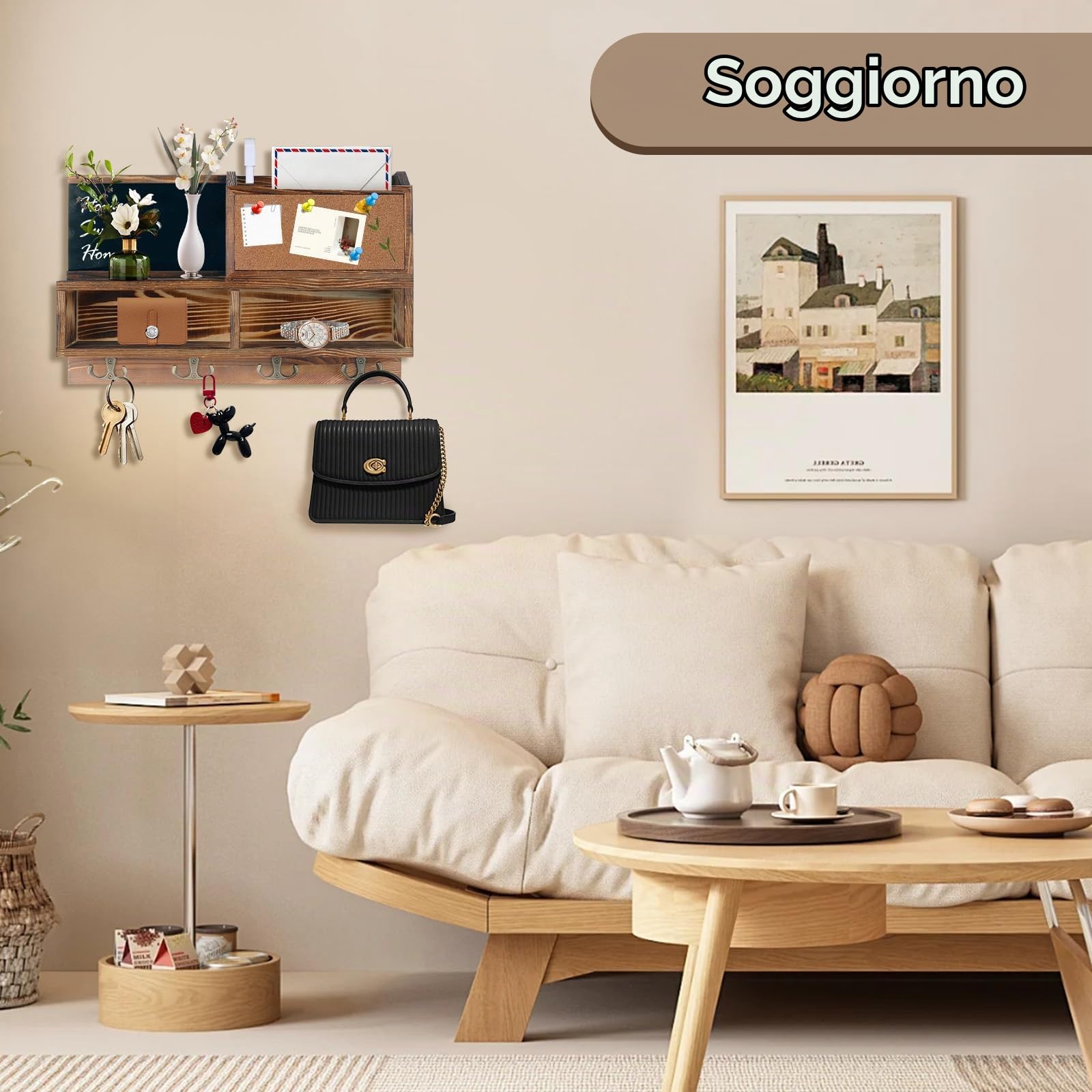 Comfoyar Portachiavi da Parete in Legno, Appendi Chiavi a Muro con Bacheca e Ripiano, Organizzatore per Lettere e Portachiavi con 4 Ganci Doppi per Ingresso, Corridoio, Soggiorno, Design Casa, Marrone