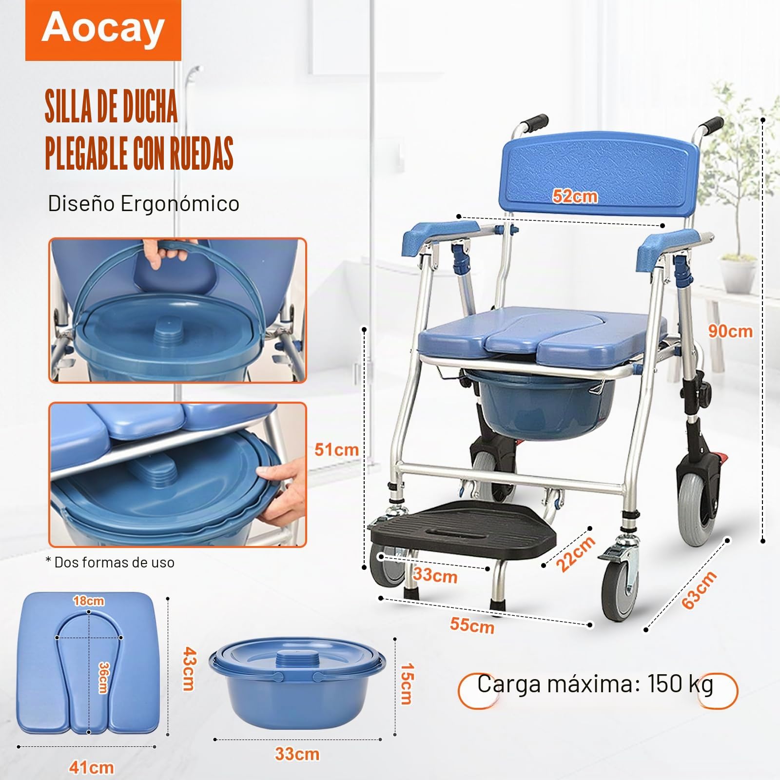 Silla de Ducha con Ruedas y WC, Silla de Baño Geriatrica Plegable, Silla WC para Personas Mayores,Taburete de Ducha con Reposabrazos, Capacidad de Carga 150 kg