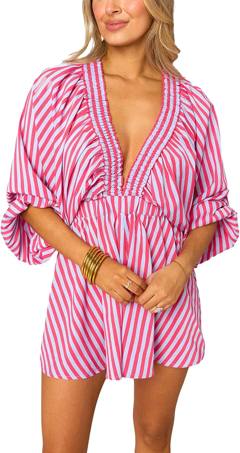 Women's Long Puff Sleeve Short Romper Summer Cute Deep V Neck Flowy Tropical Beach Vacation Playsuit Resort Wear 2026