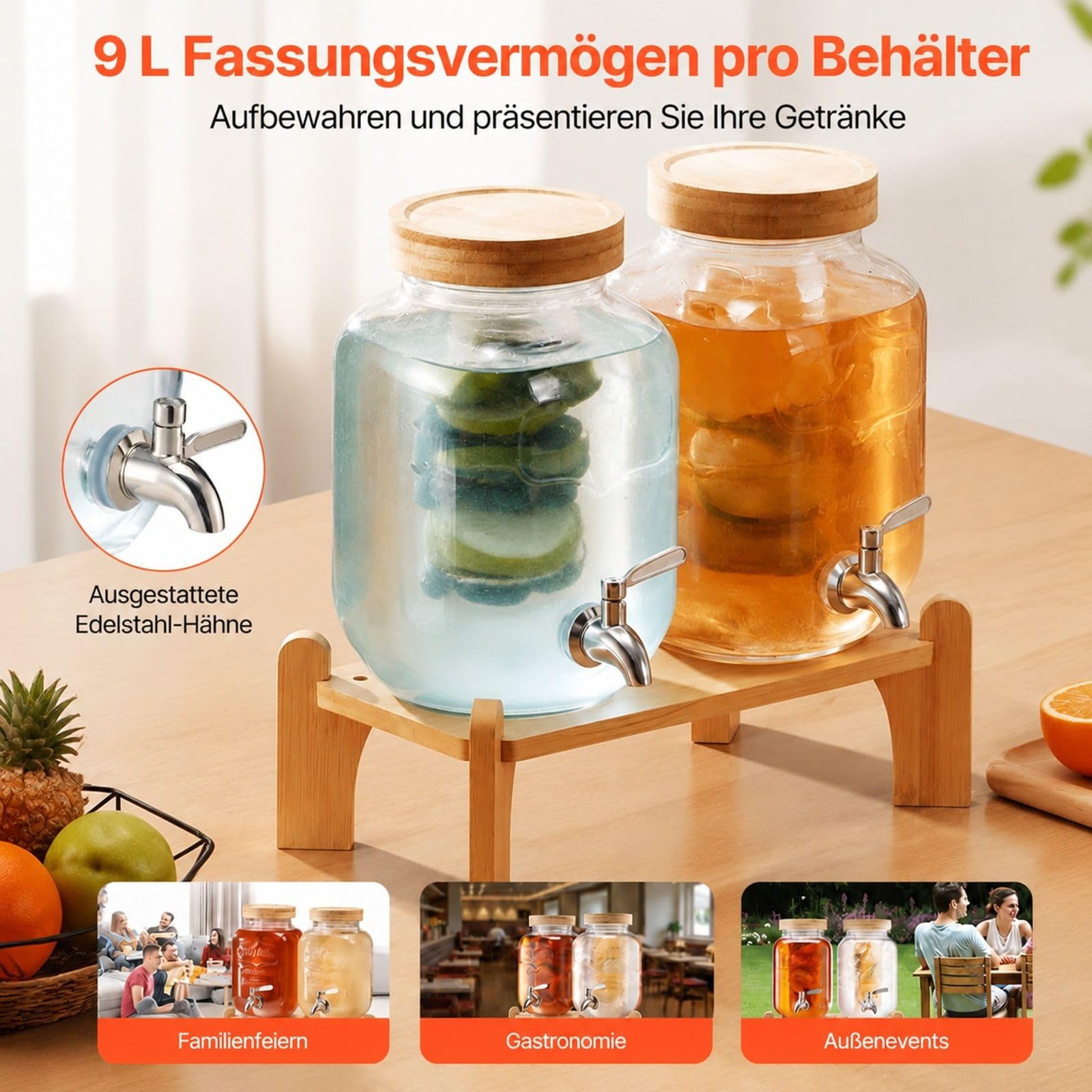 Getränkespender aus Glas 2 Stück, je 3,8 L, mit Zapfhahn und Ständer, für Saft, Kaffee, Partys und Bars