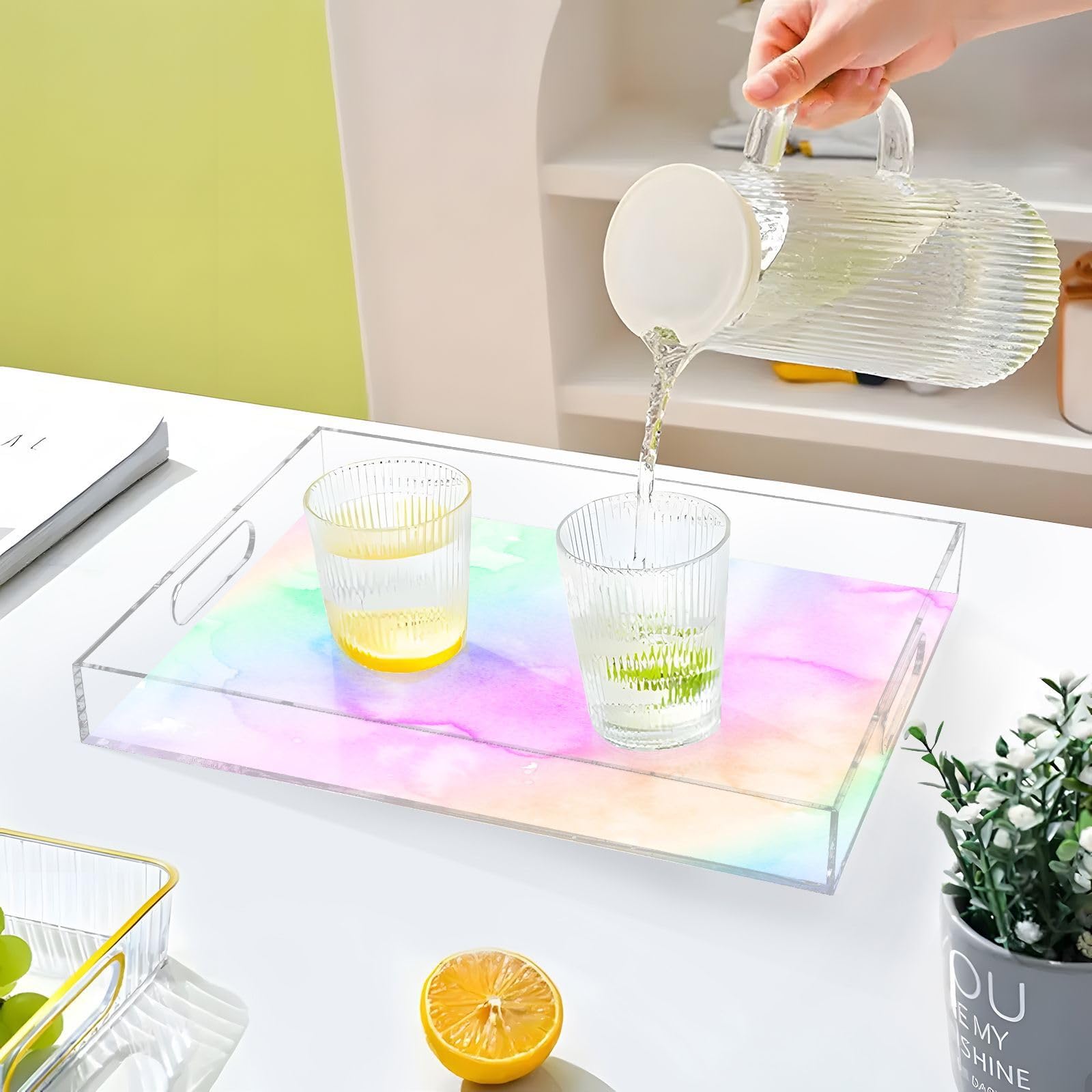 Bandejas acrílicas transparentes de acrílico para servir con asas, bandeja de desayuno de 12 x 16 pulgadas, bandeja de desayuno transparente colorida con patrón de papel de acuarela a prueba de