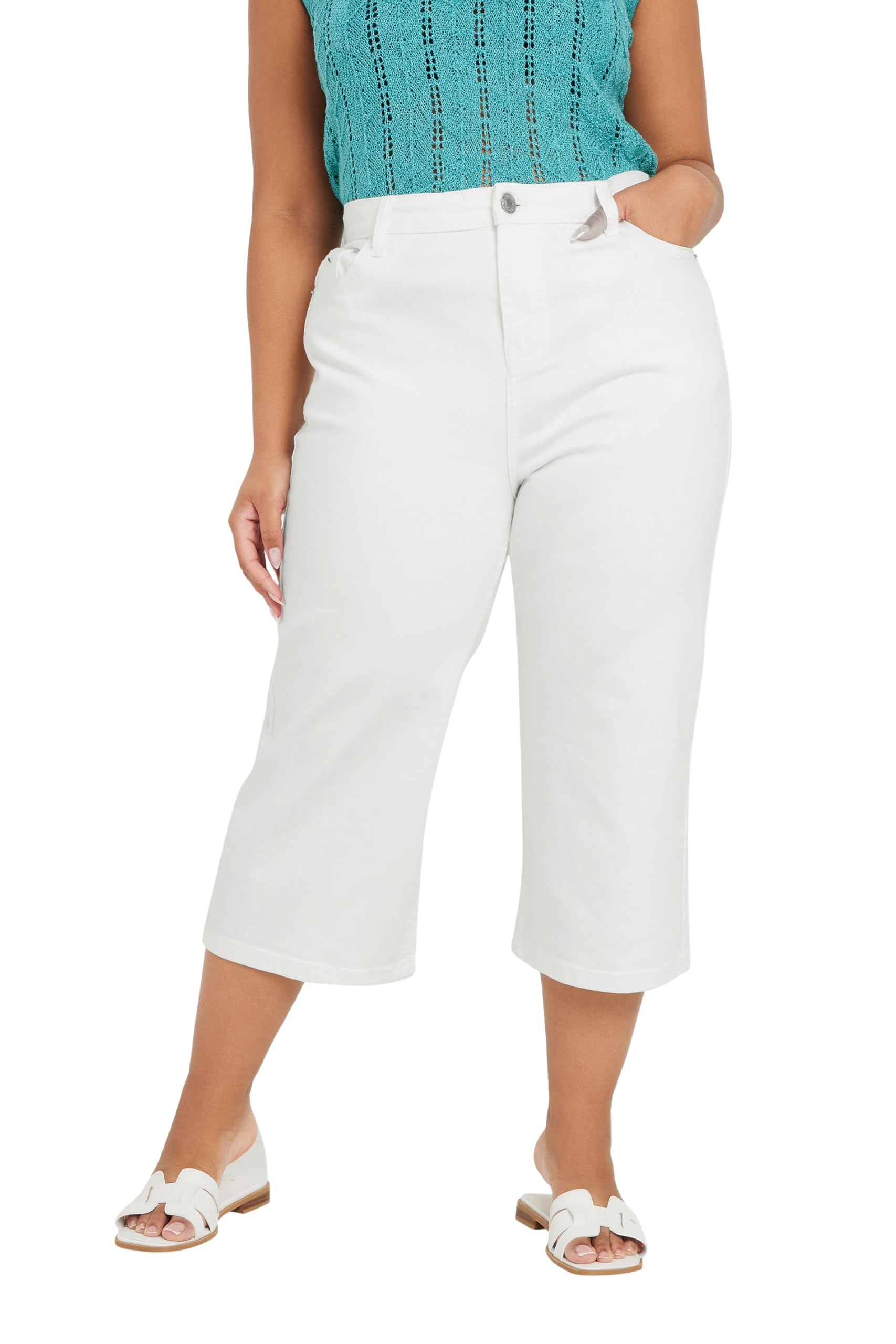 Yours Women's White Curve Wide Leg Cropped Denim Jeans - Plus Size Curve