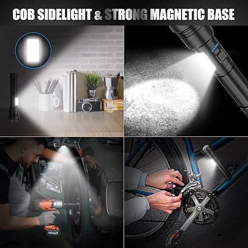 Miniatura 2 de Linterna magnética recargable de 10000 lúmenes altos, linterna LED súper brillante con luz de trabajo COB, USB C, 7 modos, zoom y IPX6 impermeable,