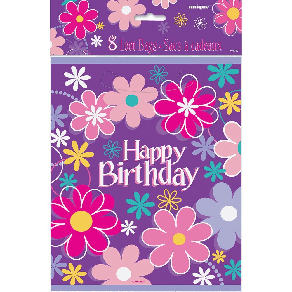 Unique Birthday Blossoms Plastic Loot Bags, 9" x 7", Multicolor