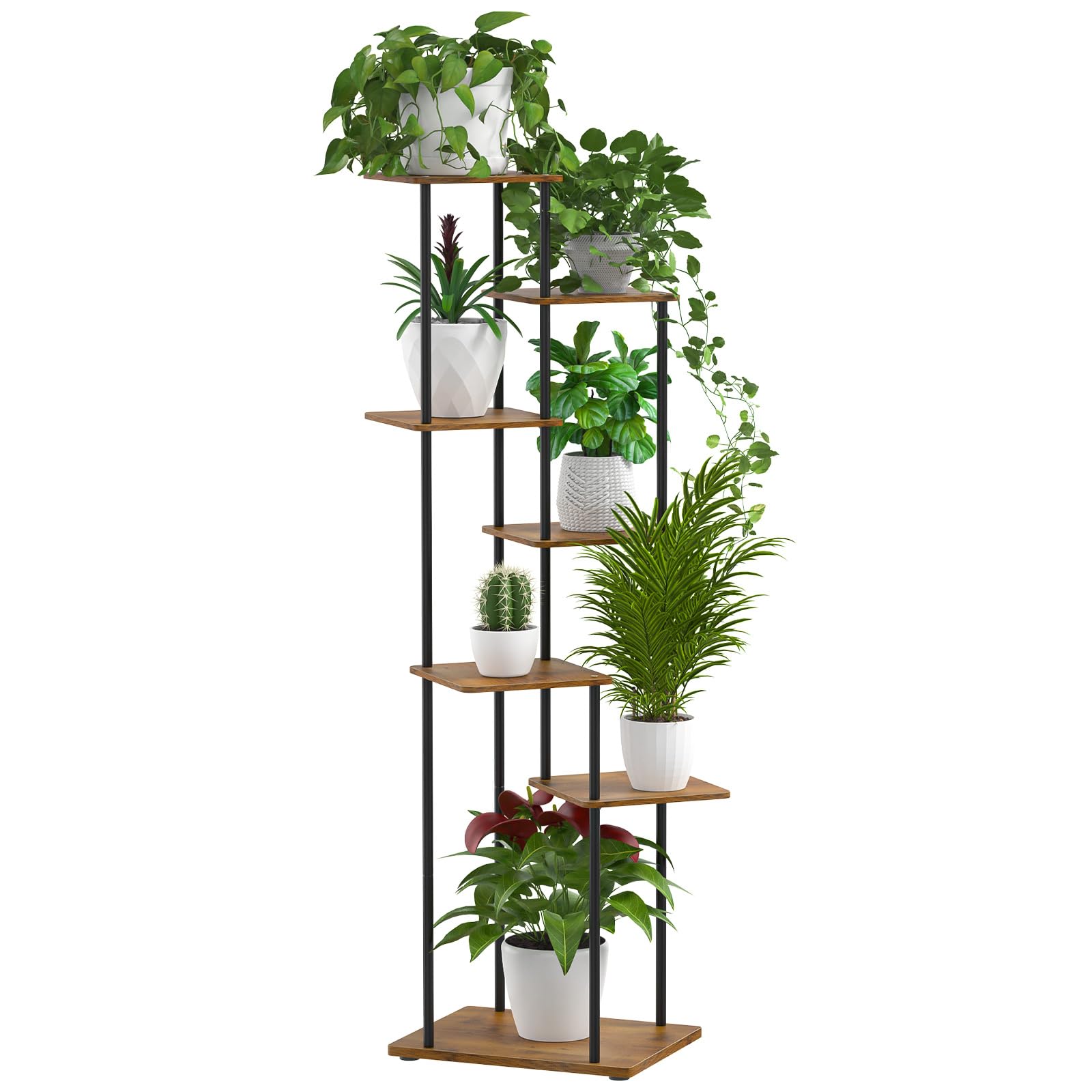 7 Niveaux Support pour Plantes, 130 cm, Étagère pour Plantes en Métal Bois, Porte Plantes D'intérieur pour Plusieurs Plantes, Support Pot de Fleur le Balcon du Jardin, Salon, Bureau, Noir