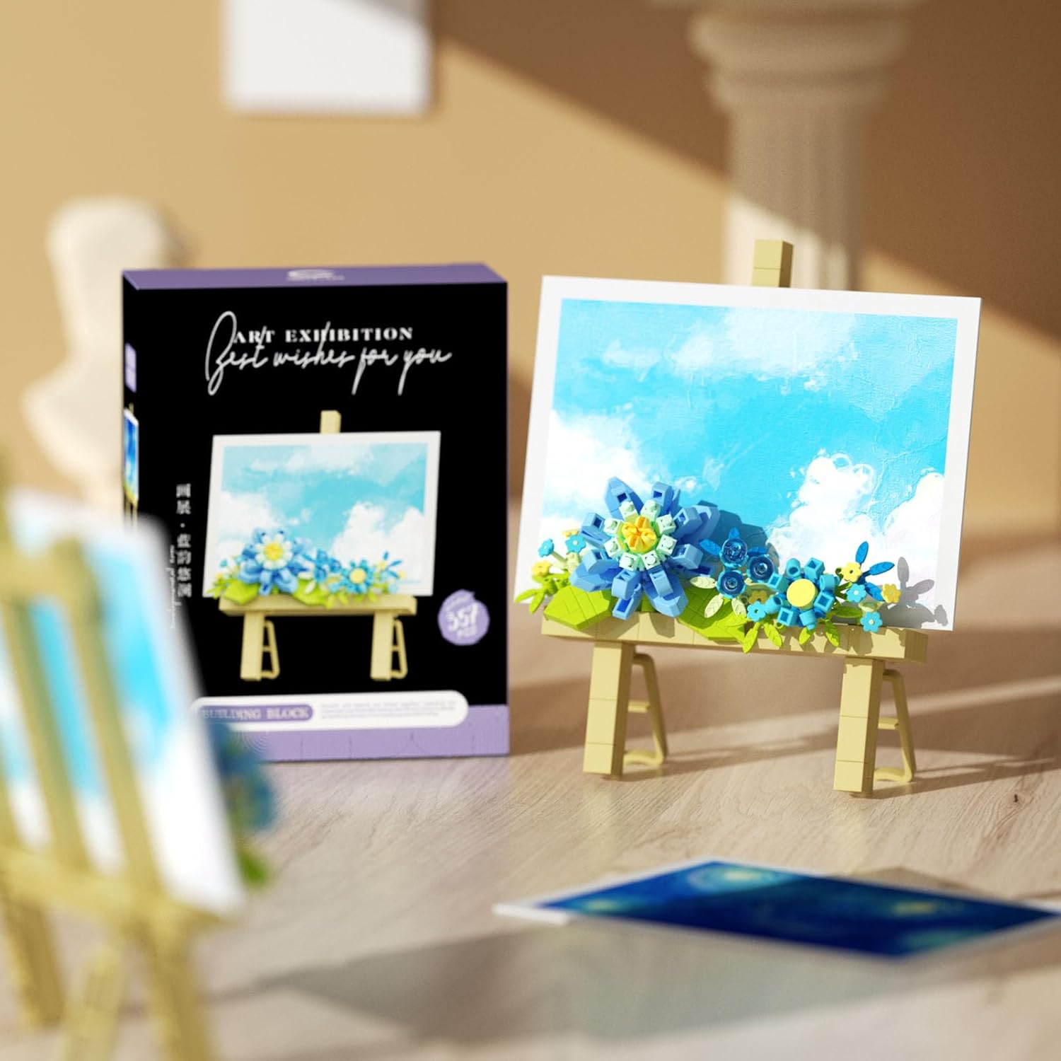 Mini Flower Building Bouquet Set，Block Easel for Desk Decorations and Message Stickers.Flower Building Toys Building Blocks Flower (Blue 357Pcs)