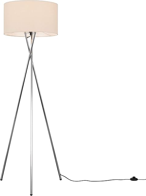 MiniSun Modern Polished Chrome Metal Tripod Floor Lamp with a Beige Cylinder Shade - Complete with a 6w LED Bulb [3000K Warm White]
